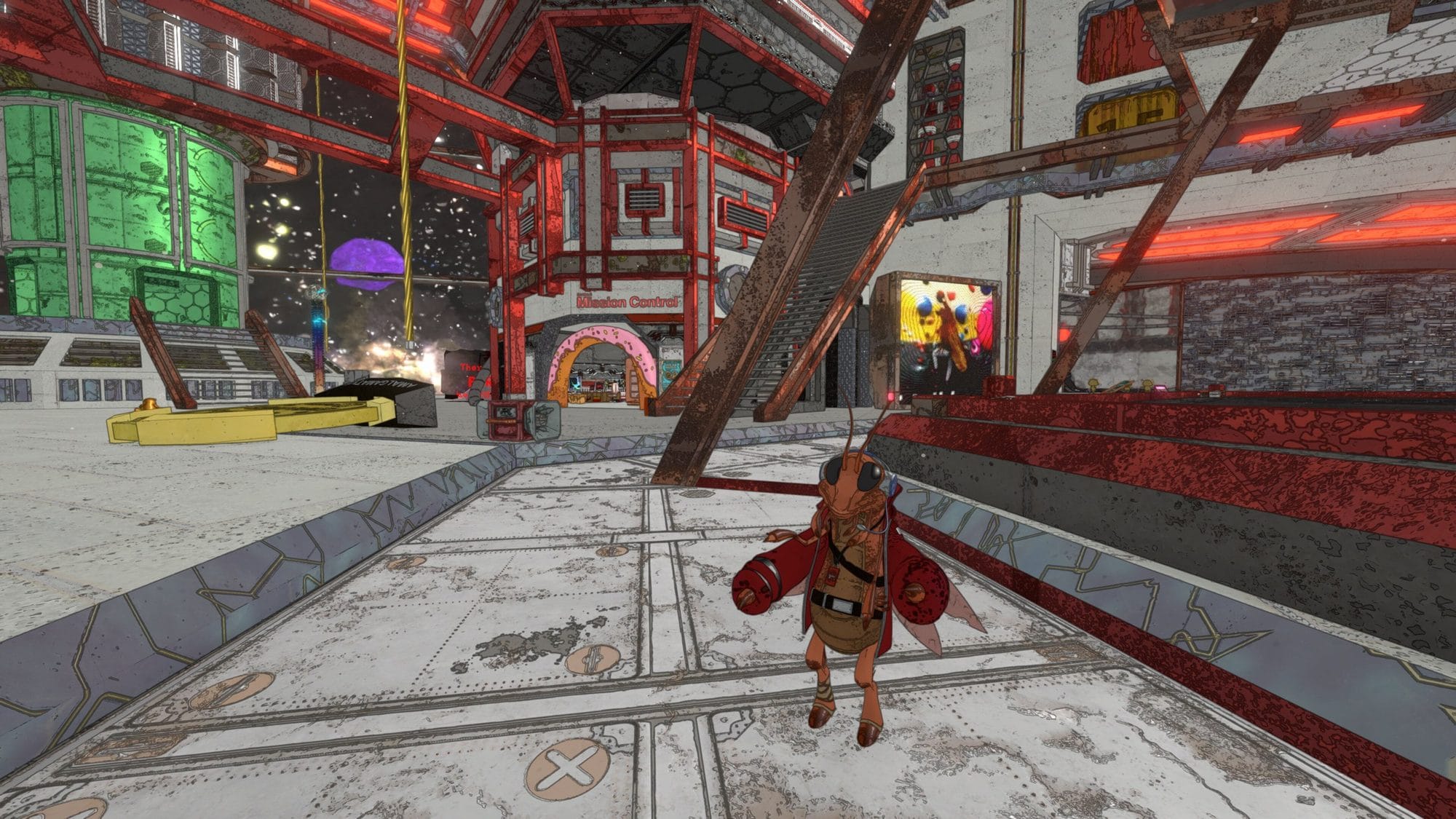 Small adventurer in red boxing gloves walking through the industrial H.U.B. dropship corridor