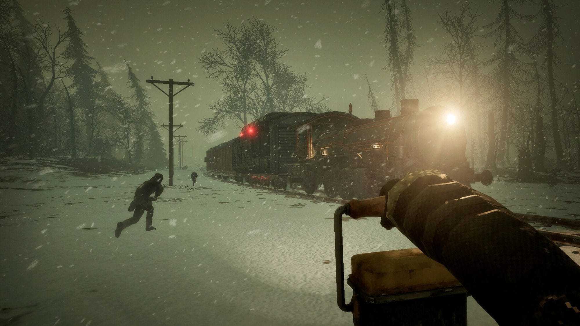 First-person view in a snowy forest as a steam locomotive with a bright headlight approaches while figures run through the snow in Frostrail
