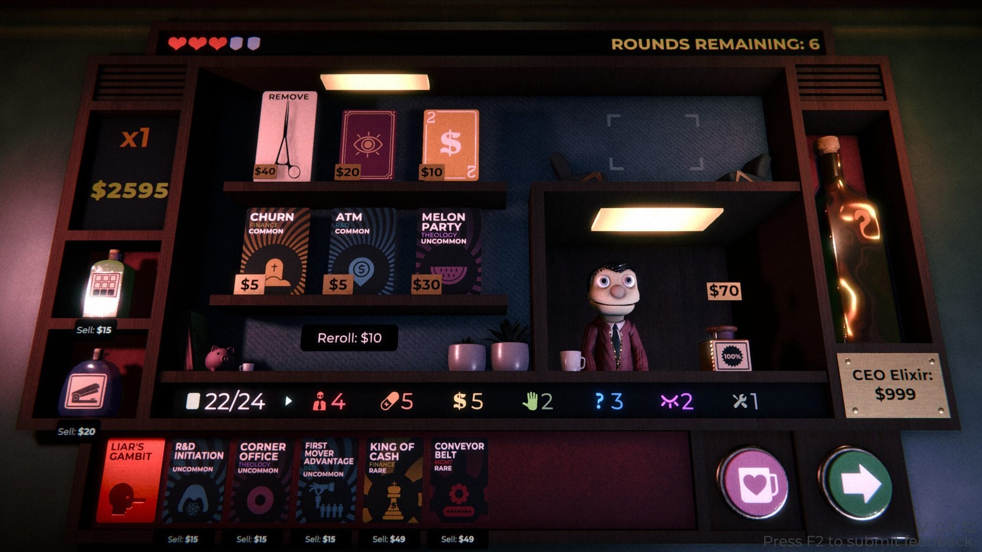 Card board with orange and white cards, JERRY cards and a CEO Elixir counter showing a x6 multiplier