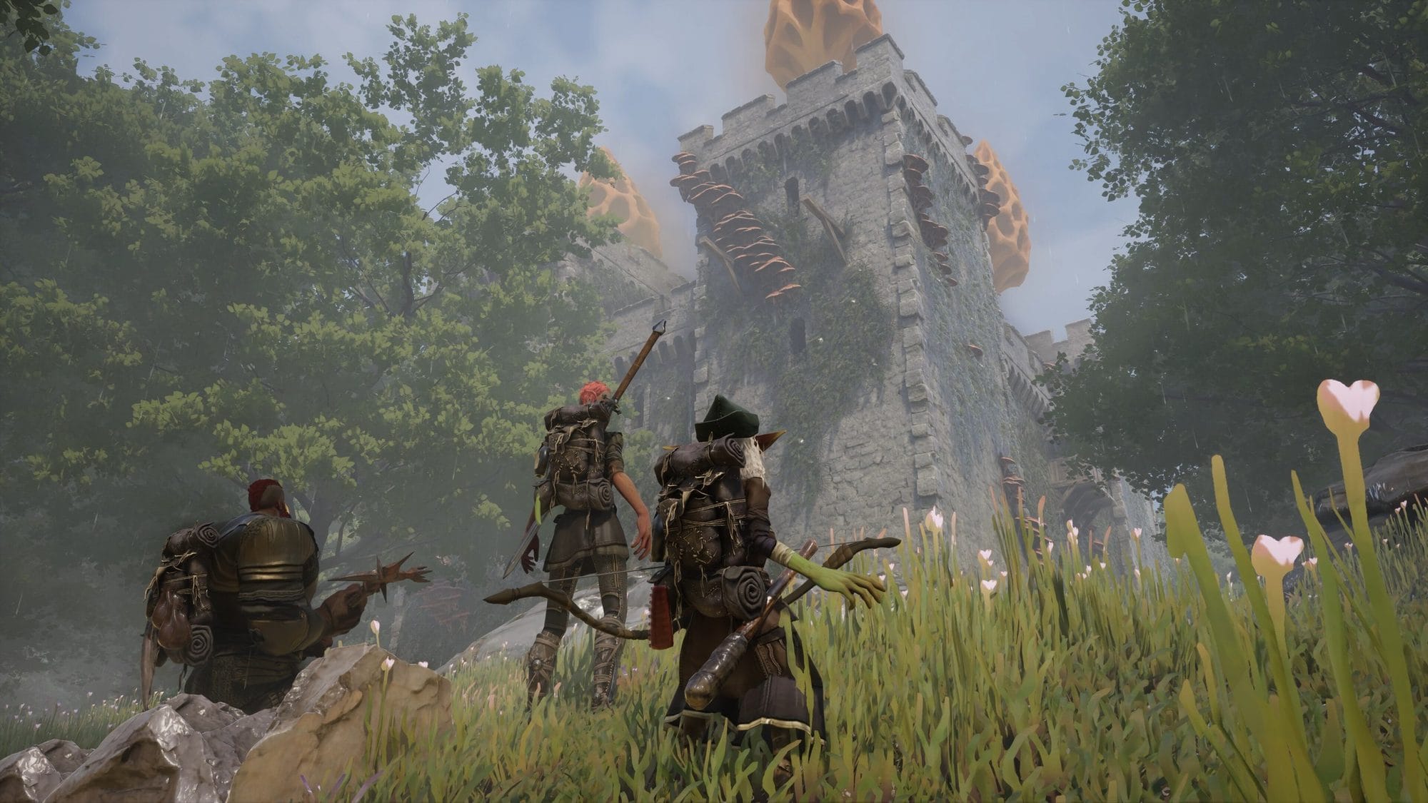 Three adventurers in packs and leather gear look up at an overgrown stone tower topped with giant mushrooms in Wyldheart