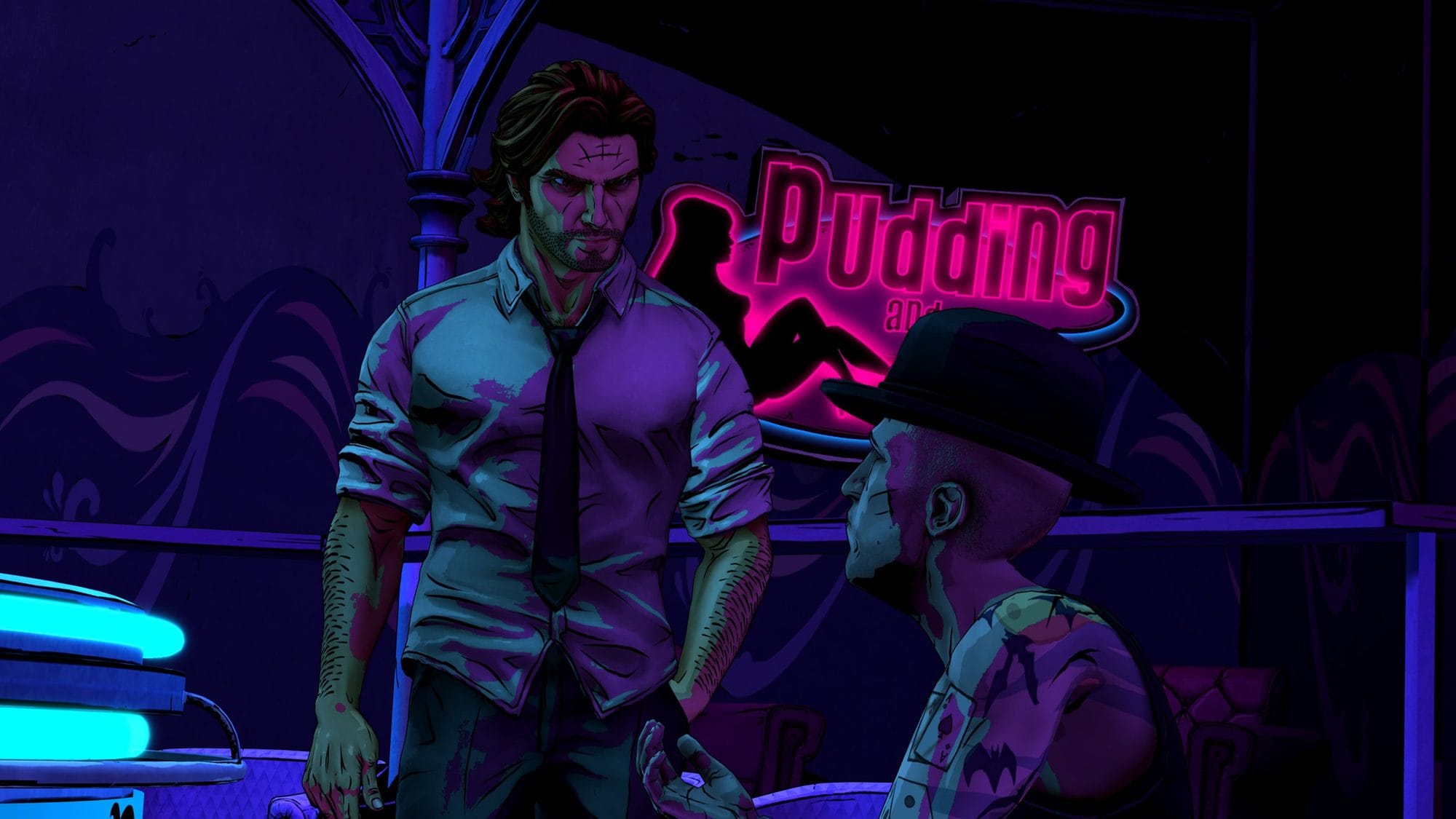 Bigby Wolf in a rolled-sleeve shirt glares at a seated man in a bowler hat beneath a pink neon sign