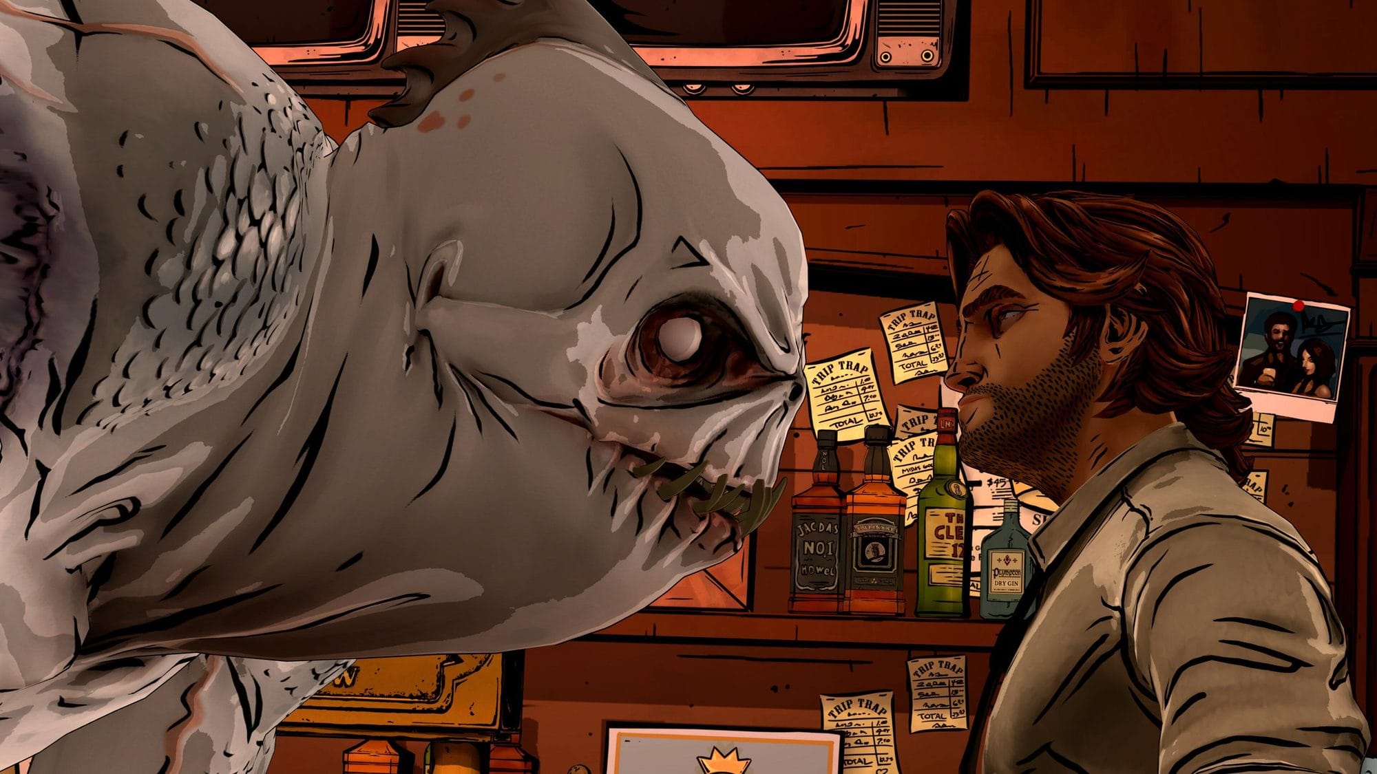 Bigby comes nose to nose with a hulking, pale creature behind the Trip Trap bar