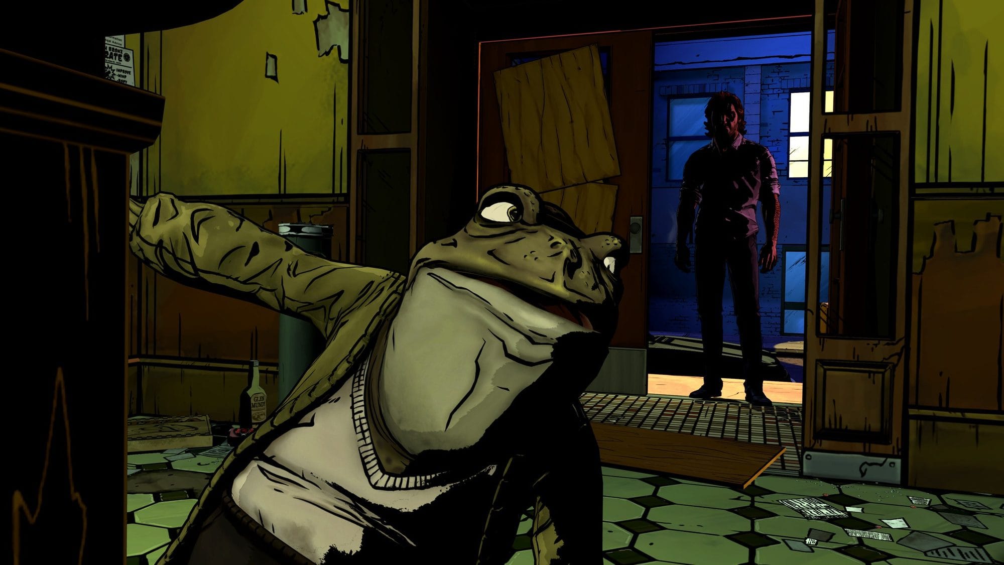 Bigby listens as Crane, a bespectacled man in a purple coat, speaks with a scowl in the Business Office