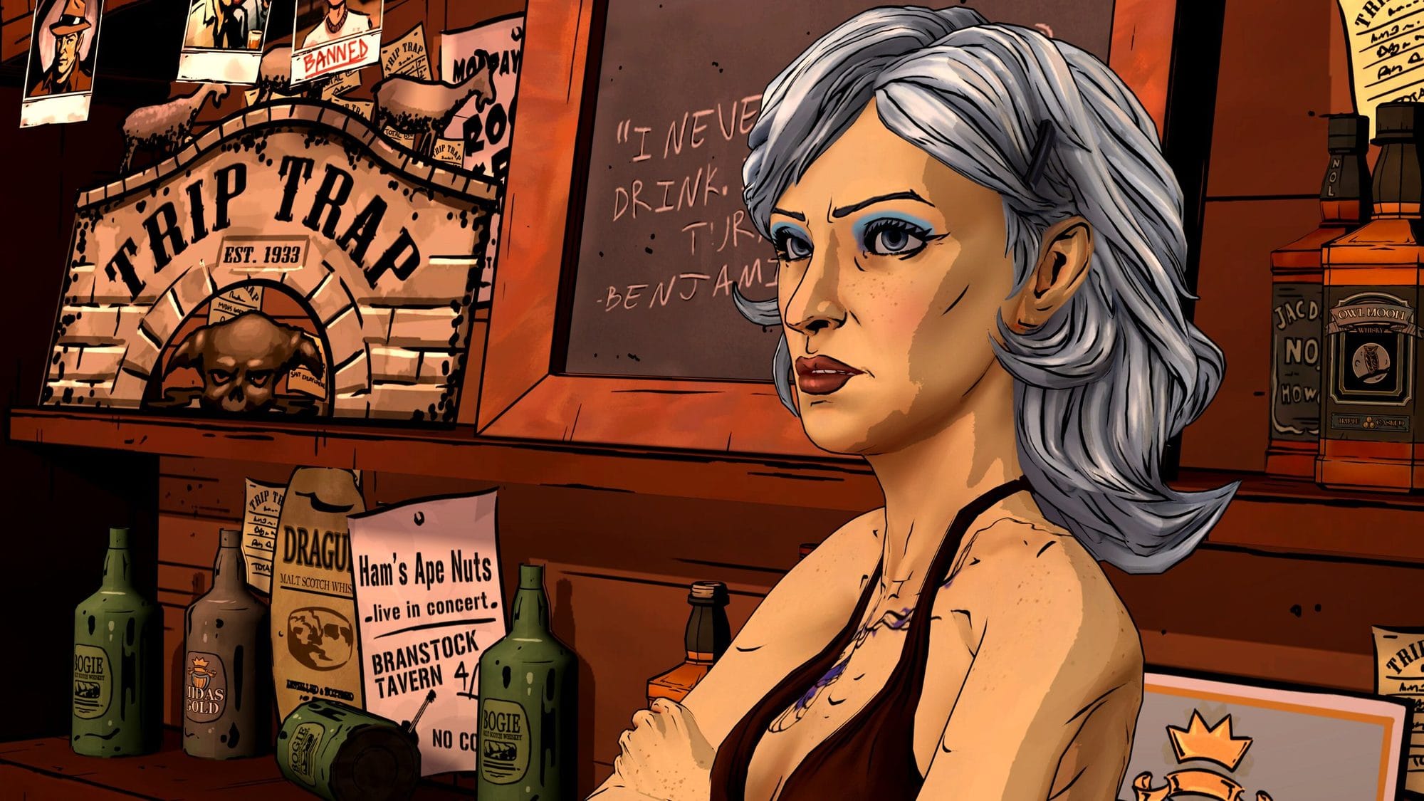 A silver-haired bartender looks off-screen in front of the Trip Trap sign