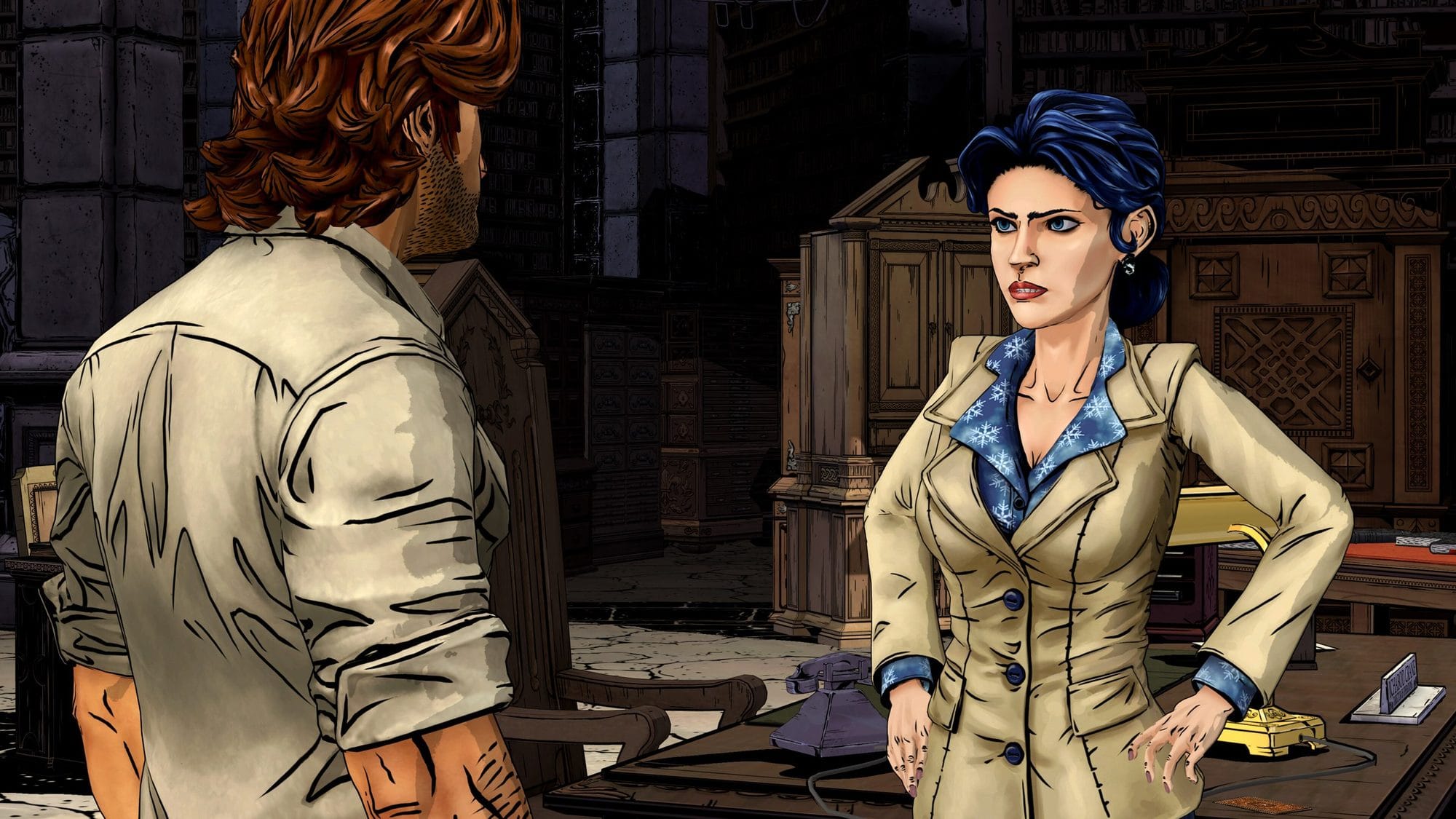 Snow White, in a tan coat with a snowflake-print collar, faces Bigby across a desk