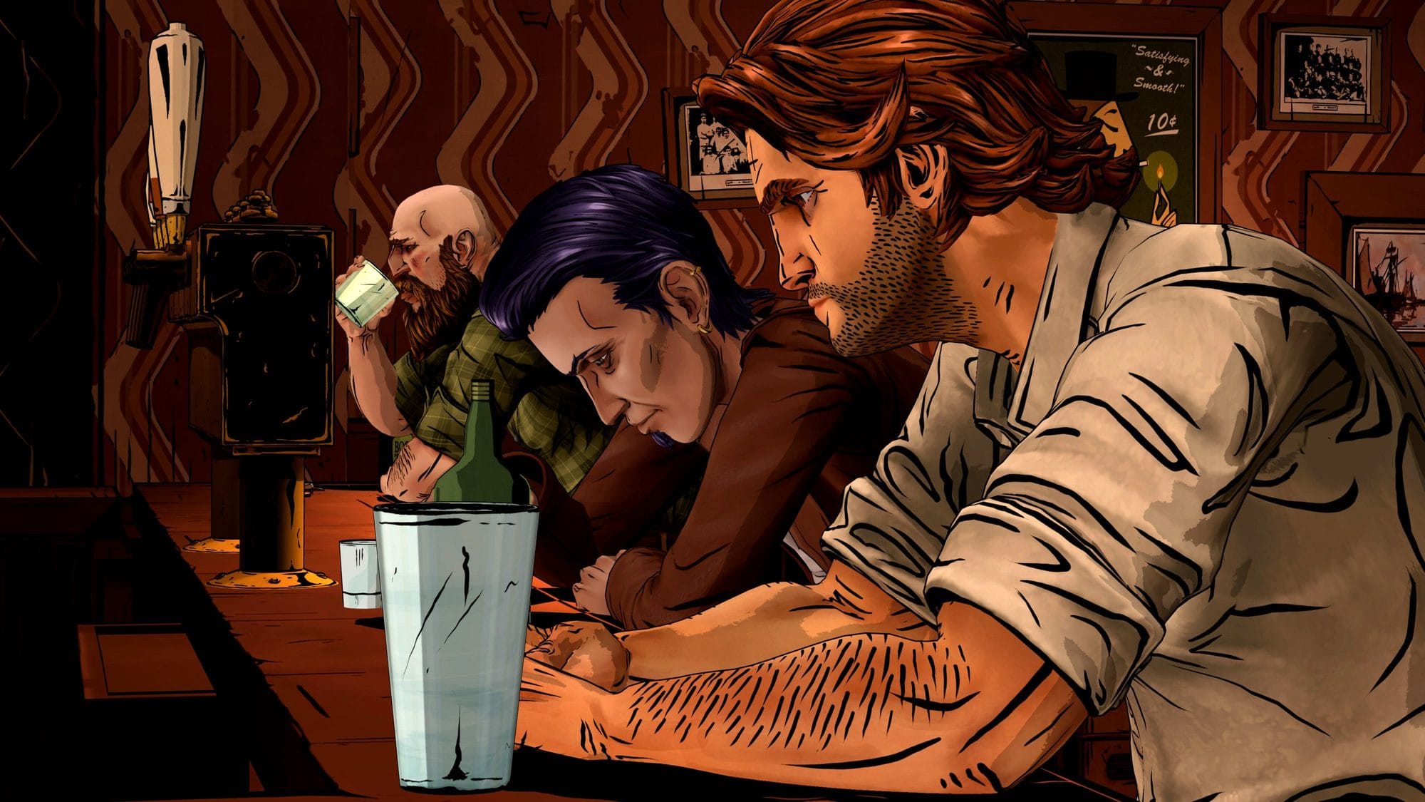 Bigby leans on the bar next to a dark-haired patron and a bearded man taking a drink