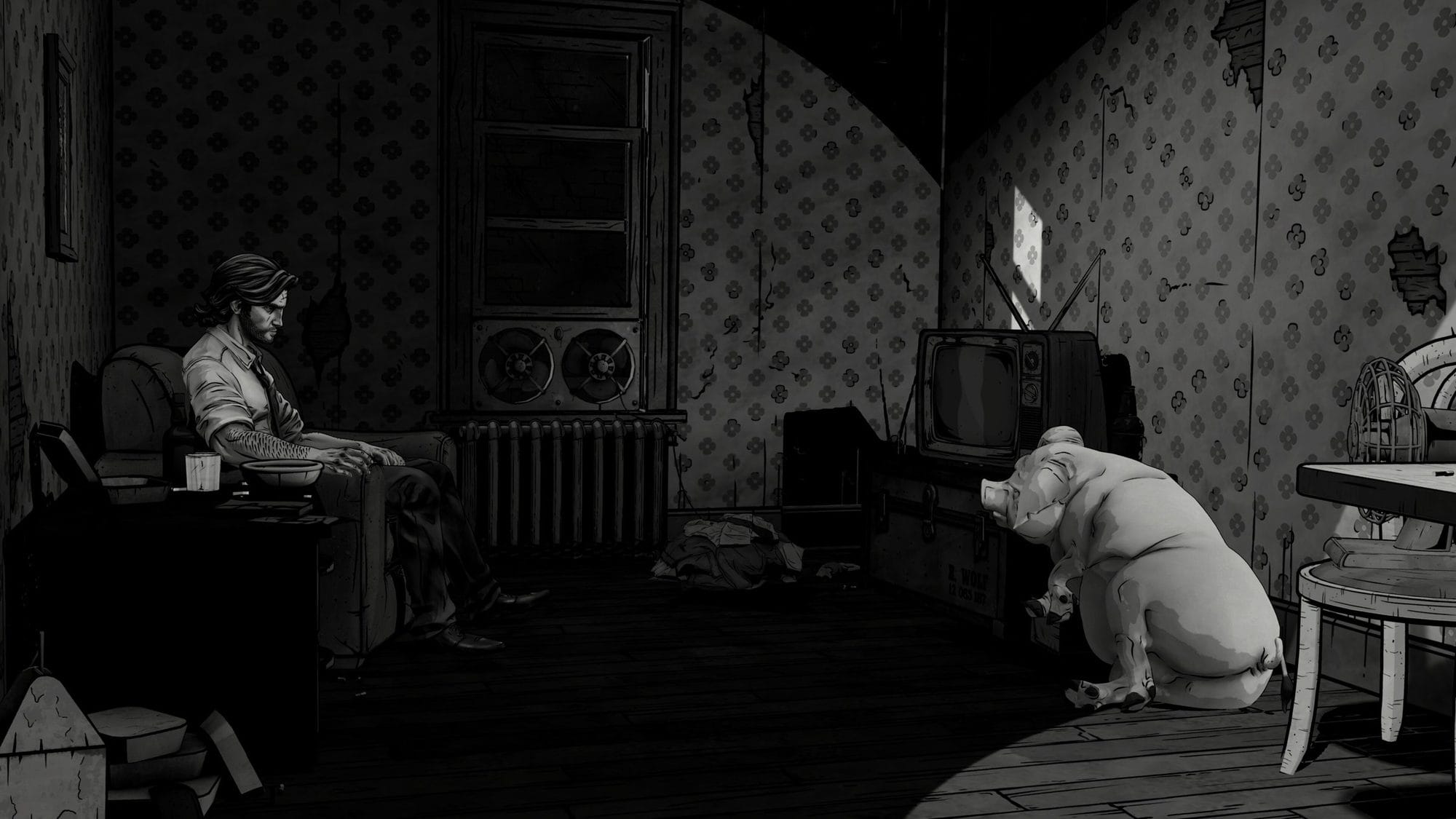 Black-and-white scene of Bigby slumped in an armchair while a pig sits facing an old television