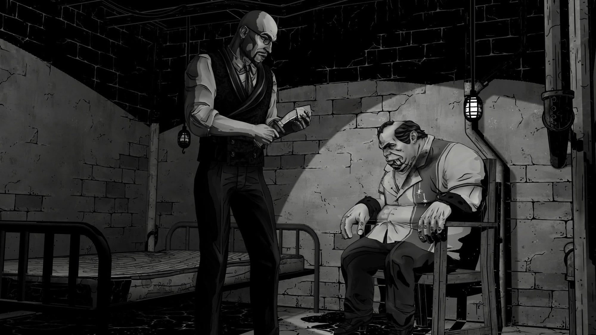 In black and white, a bald man in a vest holds a knife over a bound man in a basement