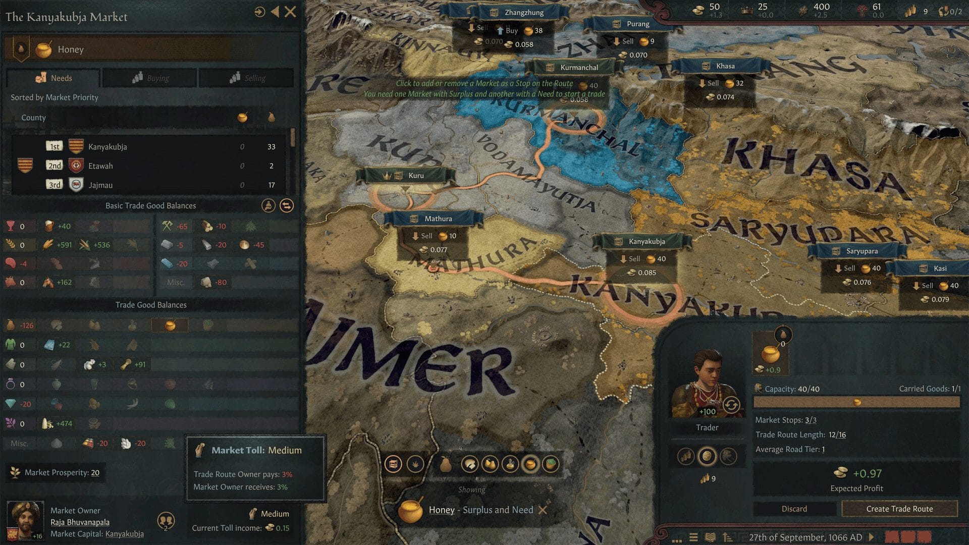Crusader Kings III map in 1066 with trade routes between Indian markets and a Market Toll tooltip