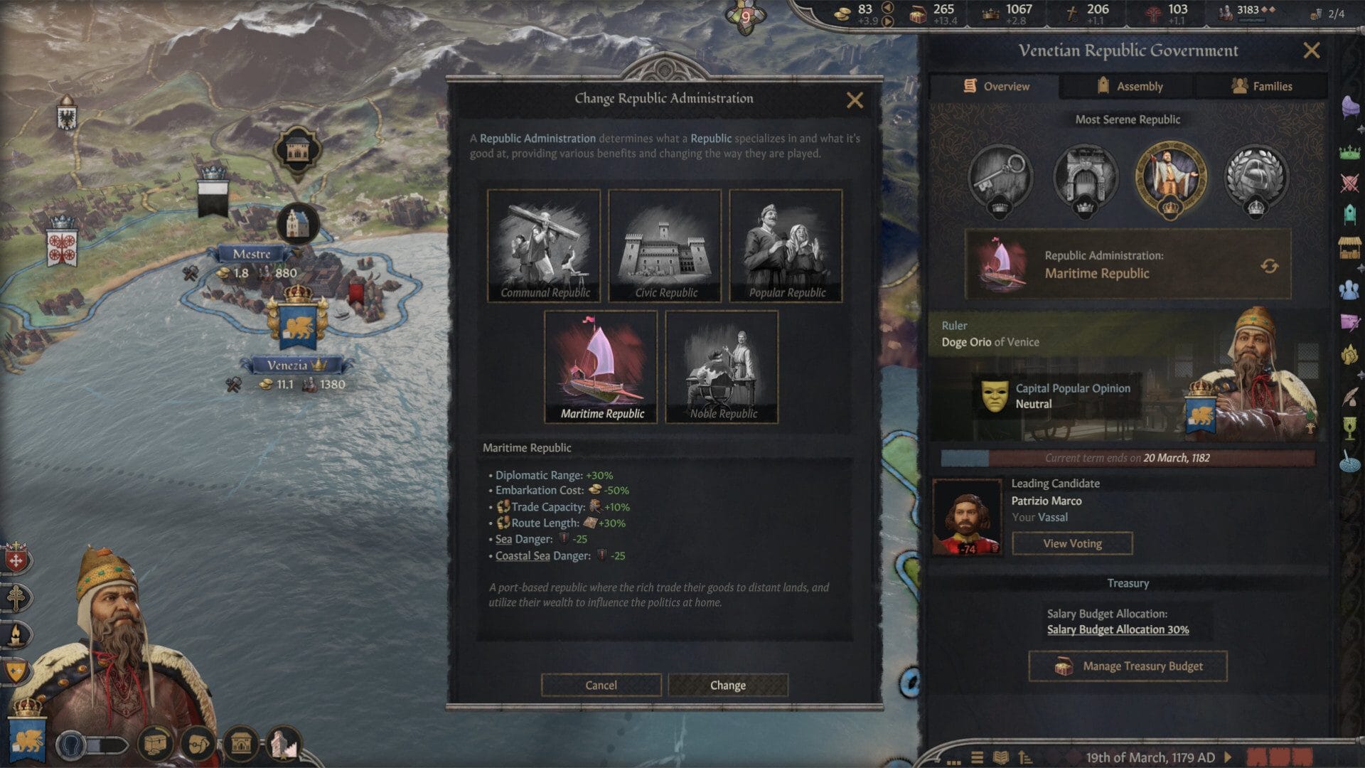Venetian Republic government screen with Maritime Republic administration selected and Doge Orio of Venice shown