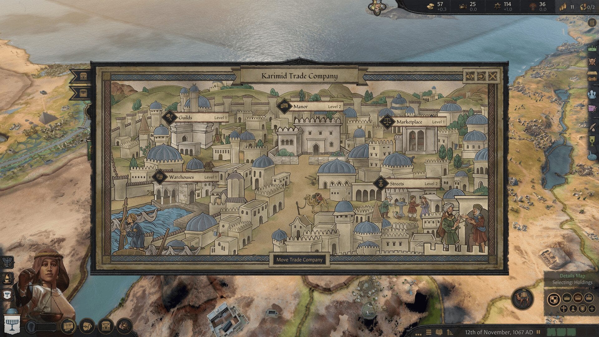 Karimid Trade Company screen showing an illustrated city with Guilds, Manor, Marketplace, Warehouses and Streets upgrades