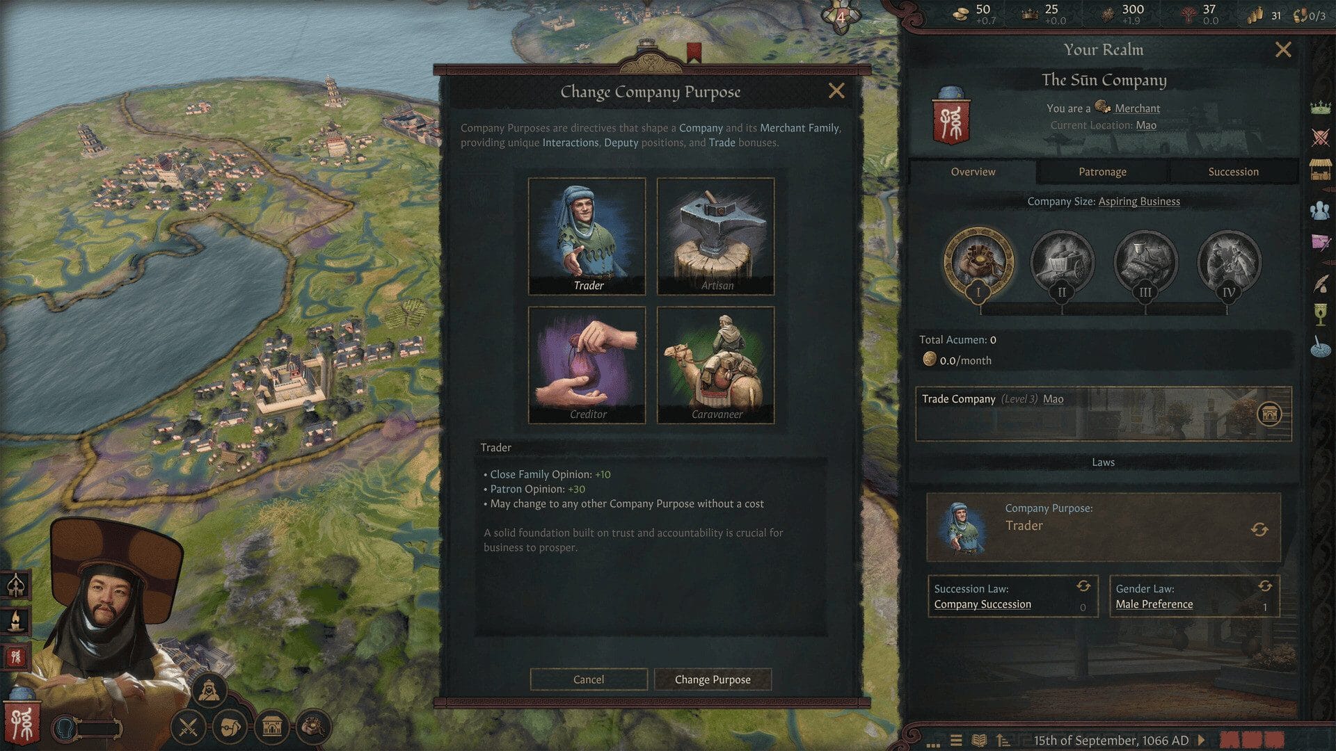 Change Company Purpose screen showing Trader, Artisan, Creditor and Caravaneer options beside a merchant company panel
