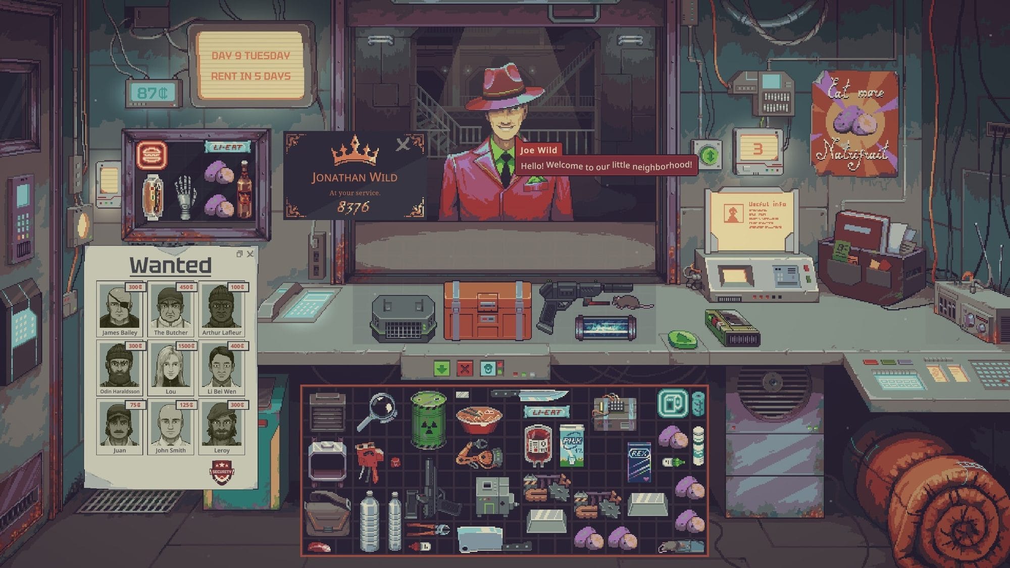 Pixel-art shop counter with a smiling man in a red suit and hat, a wanted poster and shelves of goods in Probably Stolen