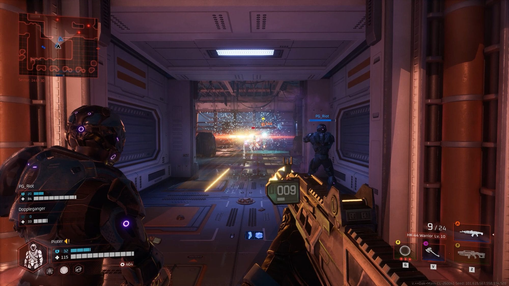 First-person squad shooter scene in a metal corridor with armored teammates firing toward a bright blast in Deadzone Rogue 2