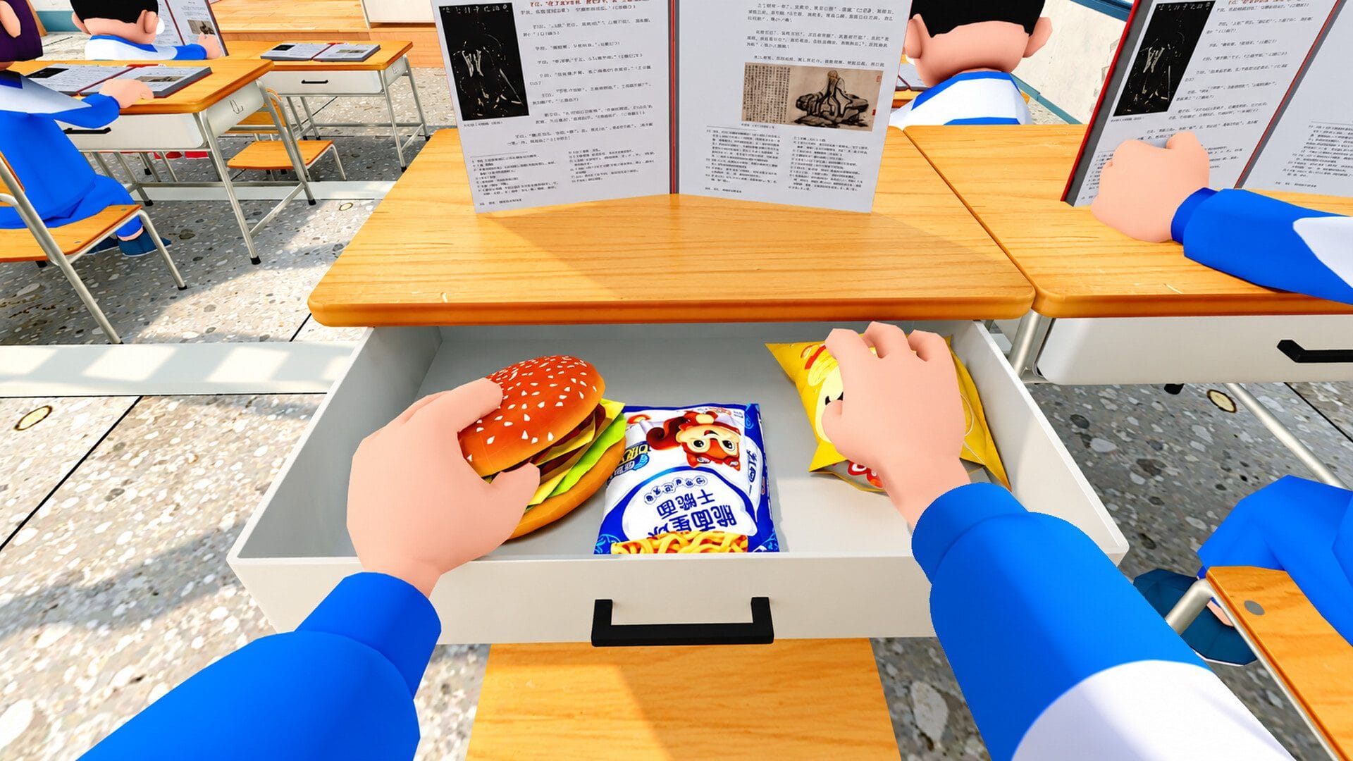 First-person view of hands in a school desk drawer holding a burger beside instant noodles and chips in Worst Class Ever