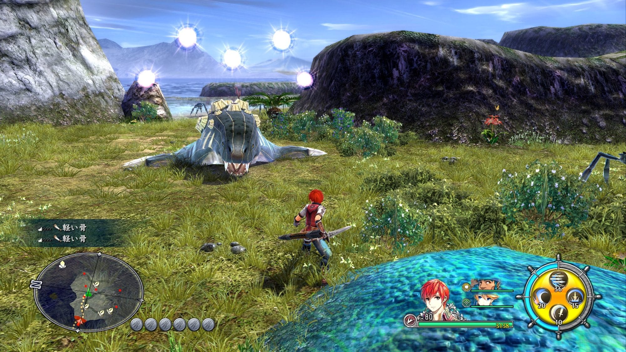 Adol with a sword faces a large blue-gray sea creature in a grassy clearing on the island
