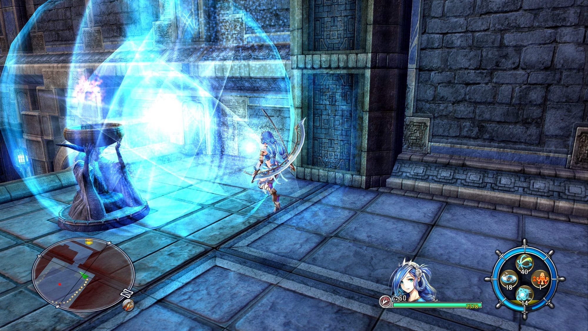 A blue-haired archer is wrapped in a glowing blue barrier inside a stone ruin