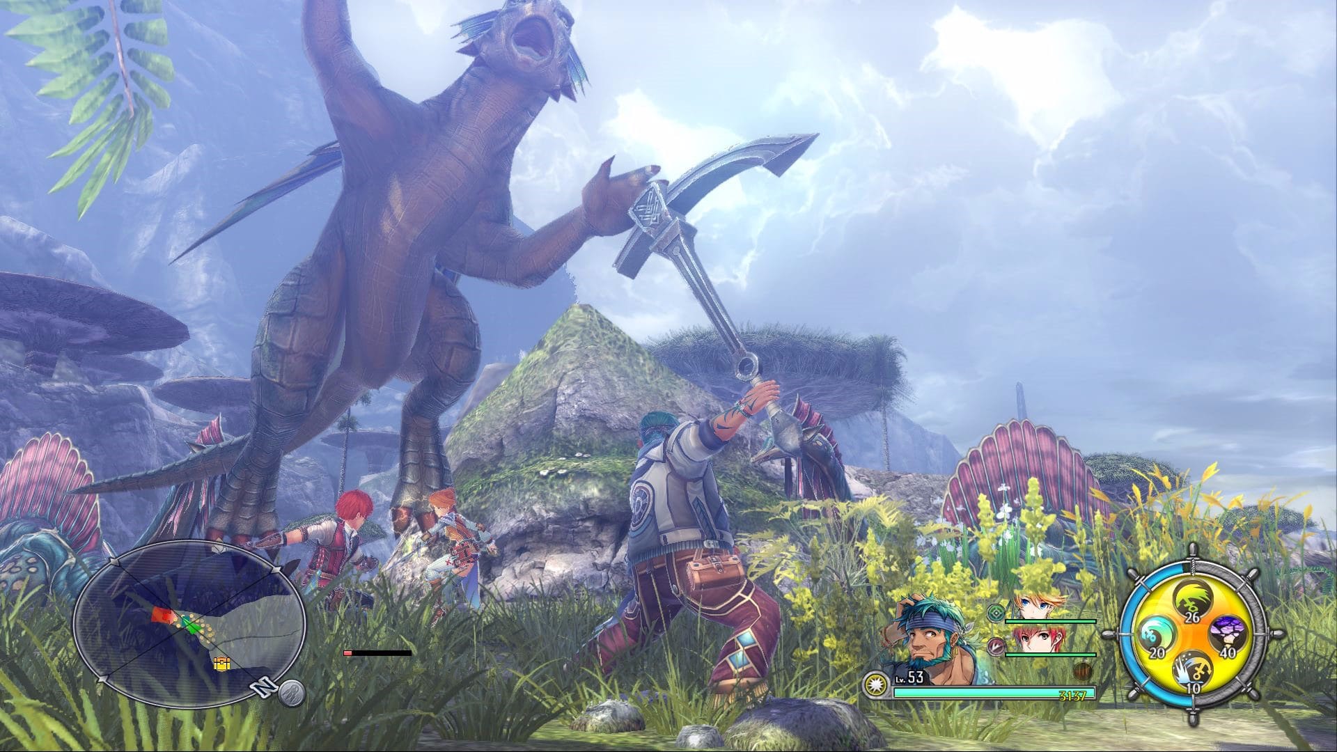 A party fights a giant dinosaur-like monster among mushroom-shaped rocks and tall grass