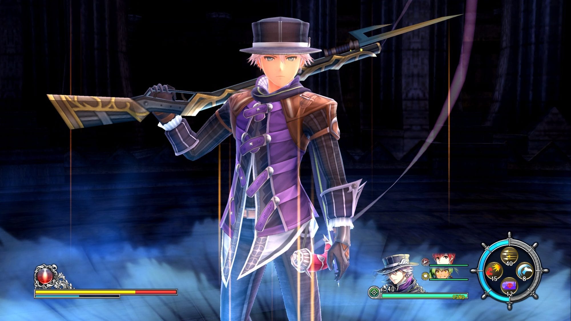 A character in a purple coat and top hat rests a long rifle on one shoulder against a dark backdrop