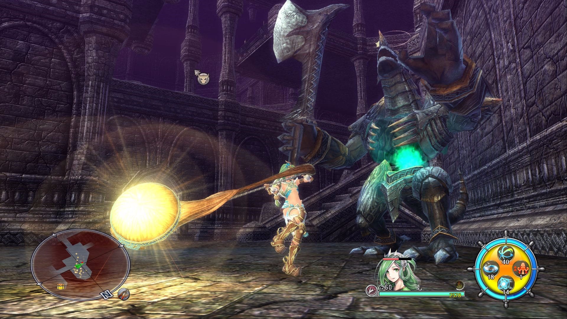 A green-haired fighter swings a glowing weapon at an armored giant in a purple-lit hall