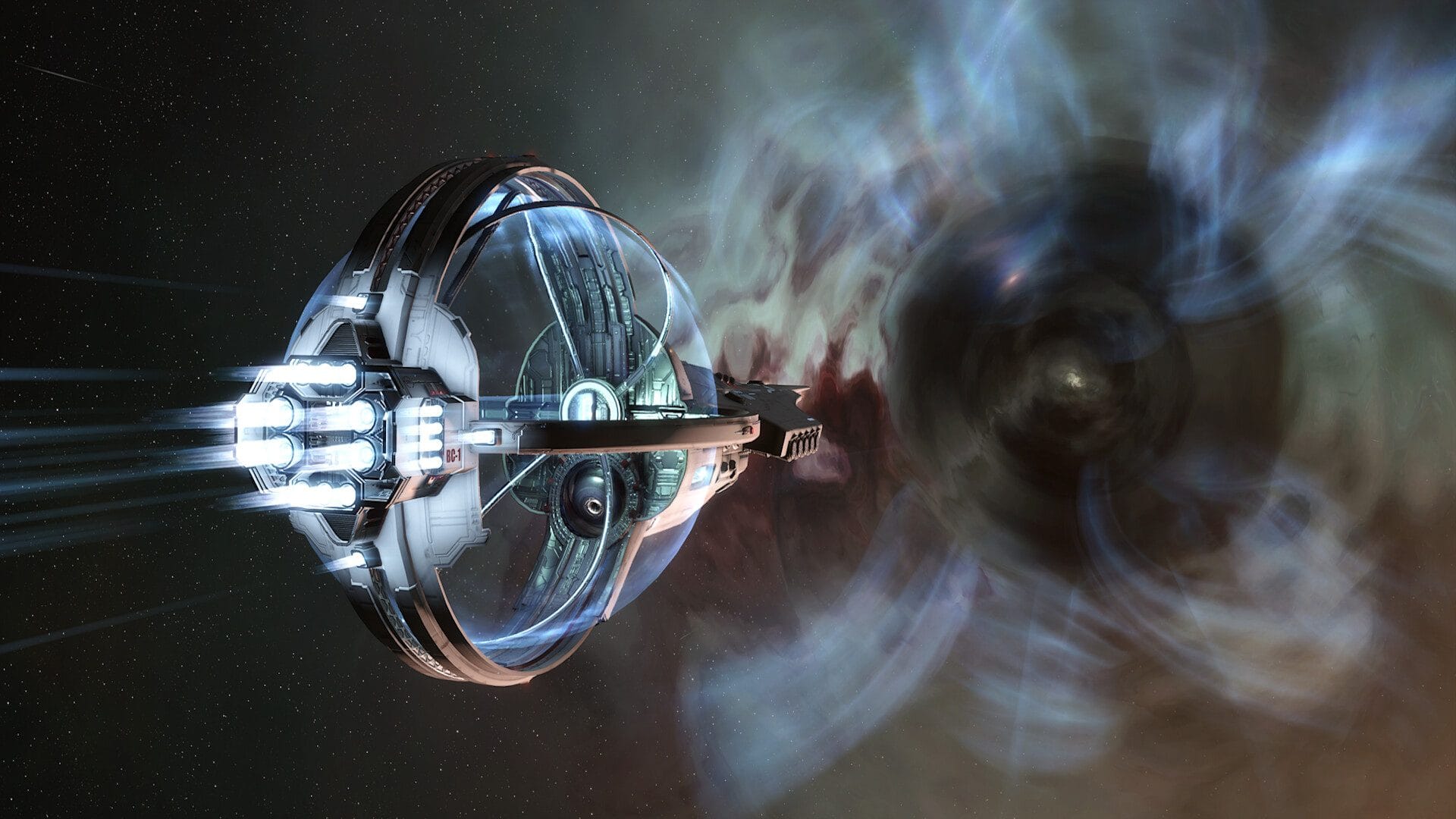 Silver EVE Online ship with a ring-shaped front section accelerating past a swirling dark vortex