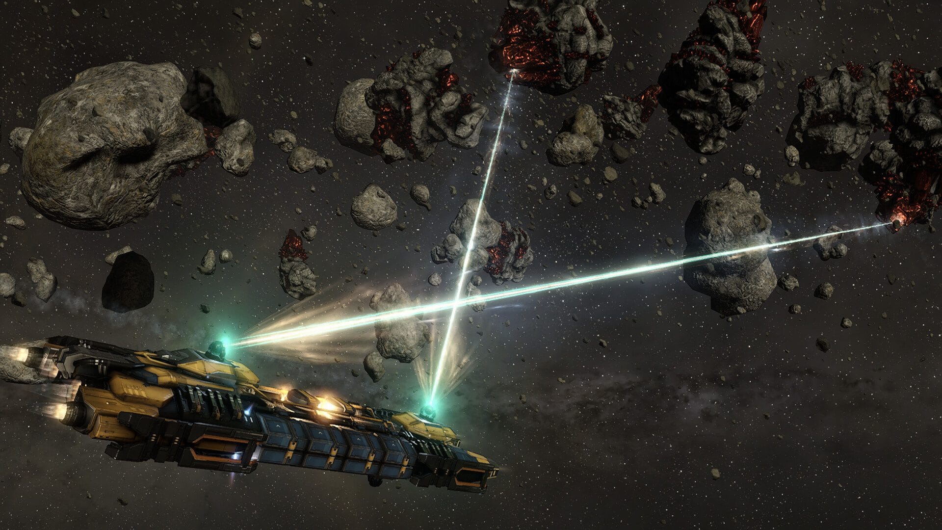 A capsuleer ship fires crossed mining lasers at a cluster of asteroids in EVE Online