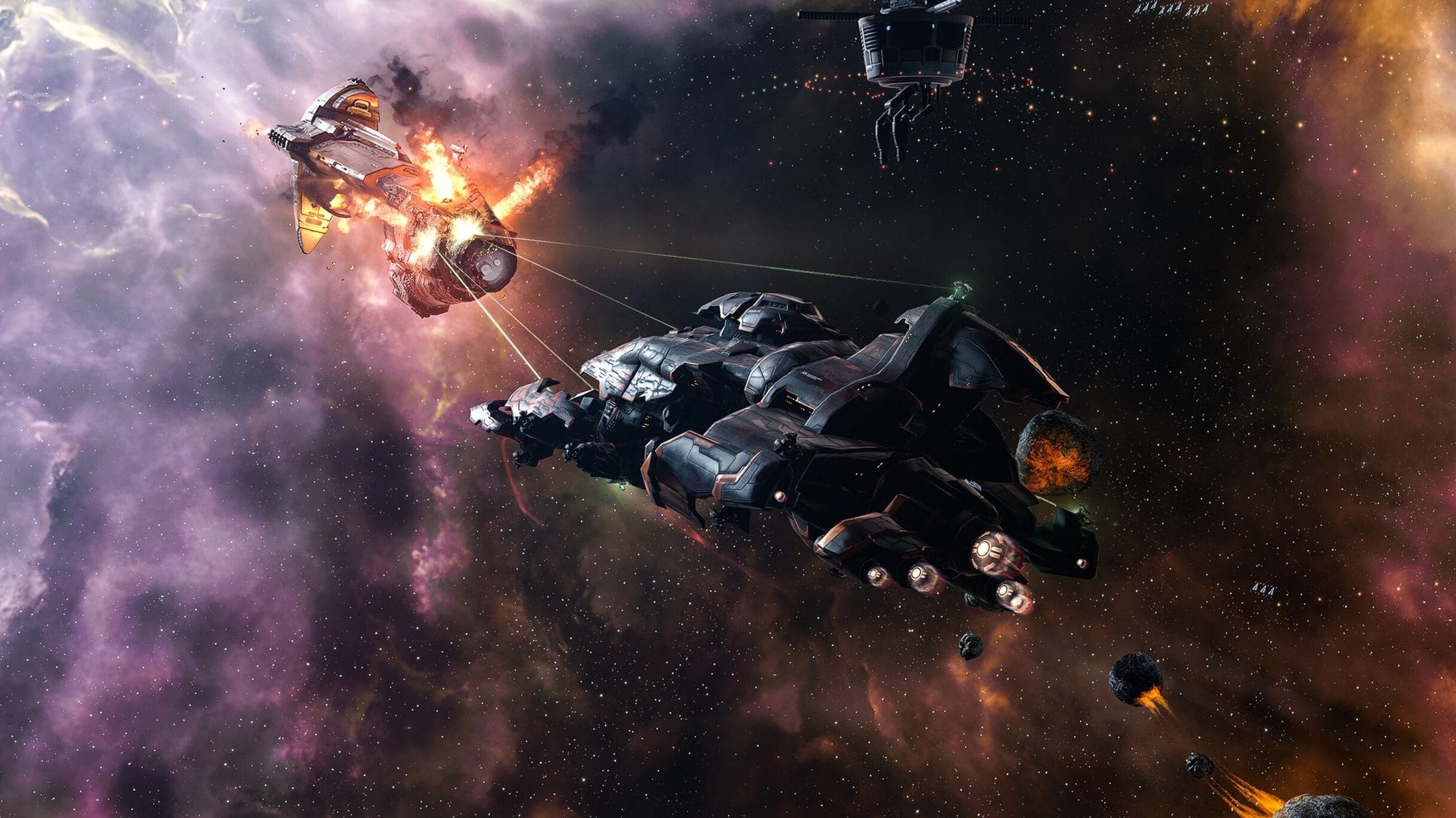 Two warships trading fire in a purple and orange nebula in EVE Online