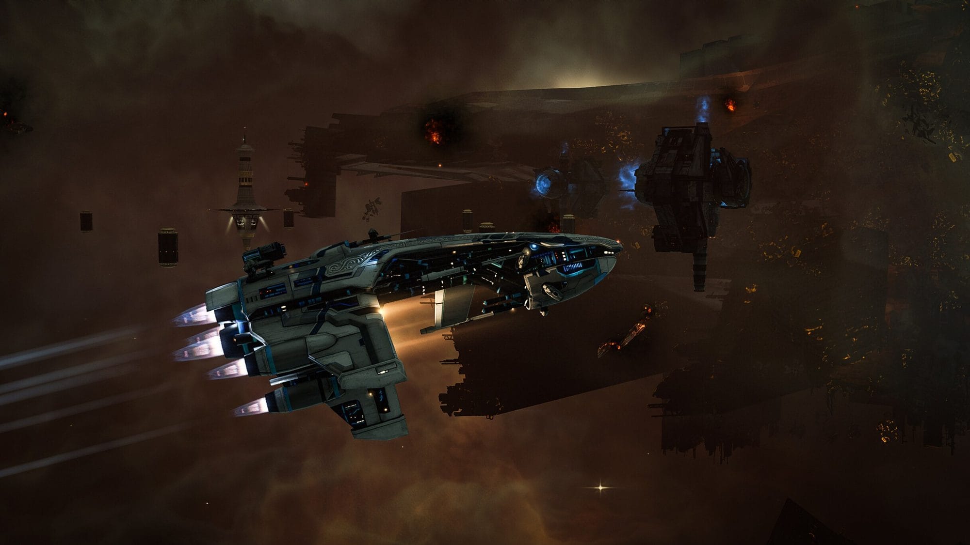 Dark grey frigate with glowing engines flying past drifting station wreckage