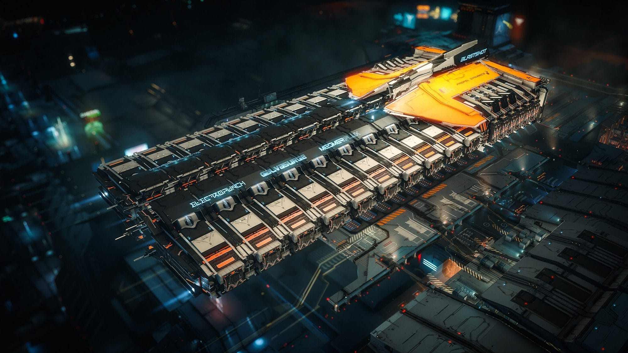 Large capital ship with glowing orange panels drifting through a dark industrial space station