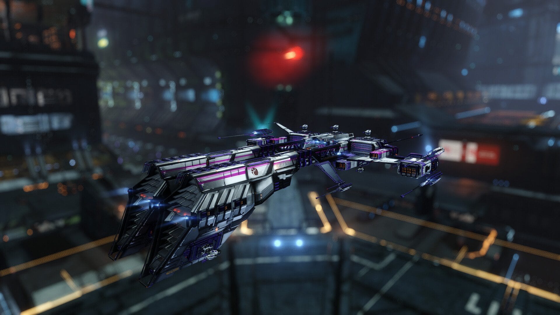 Purple and silver EVE Online ship flying over a neon-lit city station