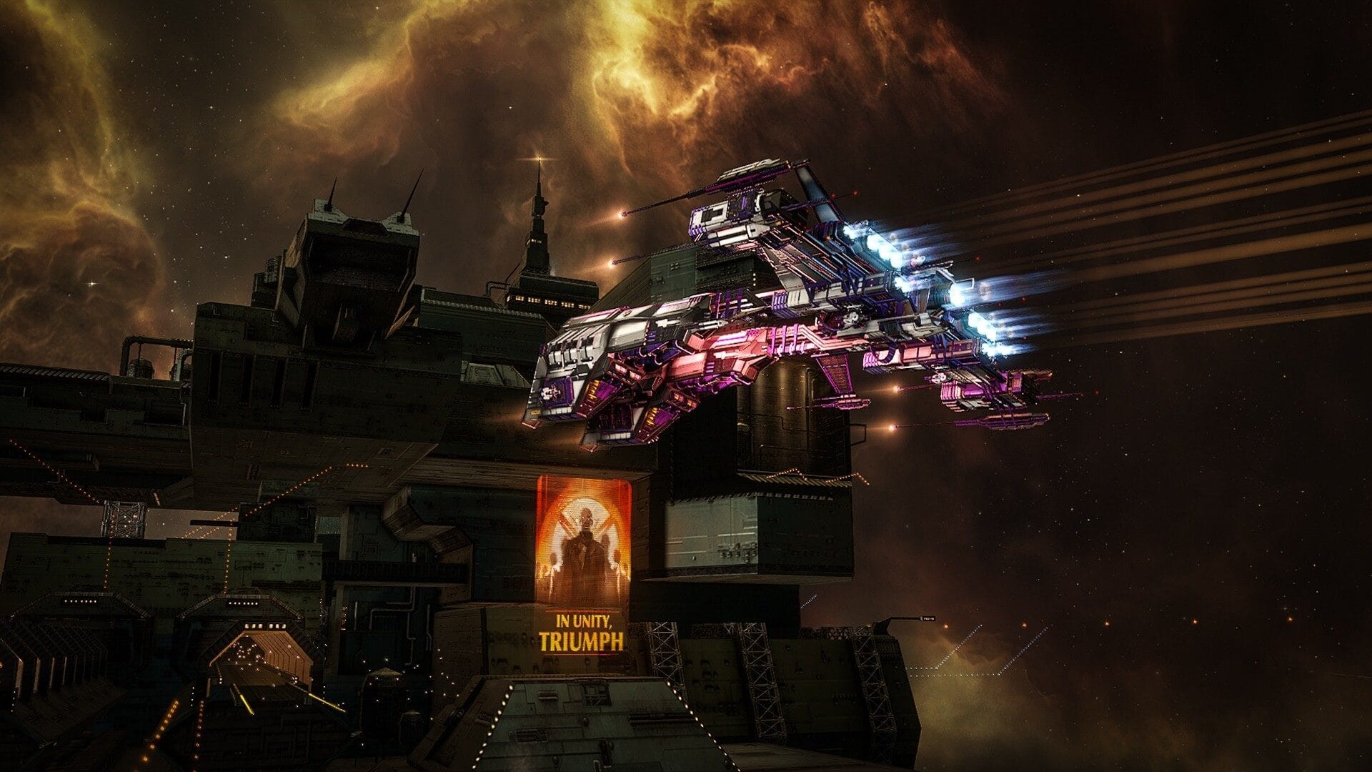 Warm-lit ship docking near a large station with a glowing banner