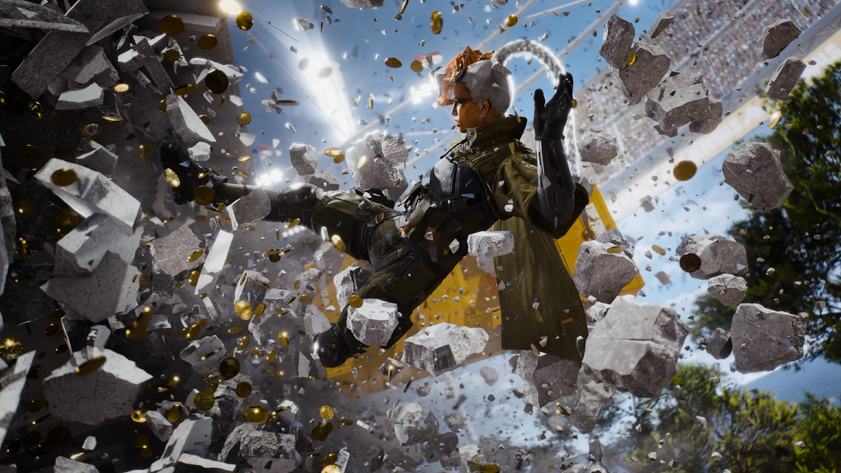 Still from THE FINALS PRIME TIME trailer: a contestant flies through exploding concrete and gold coins in a stadium.
