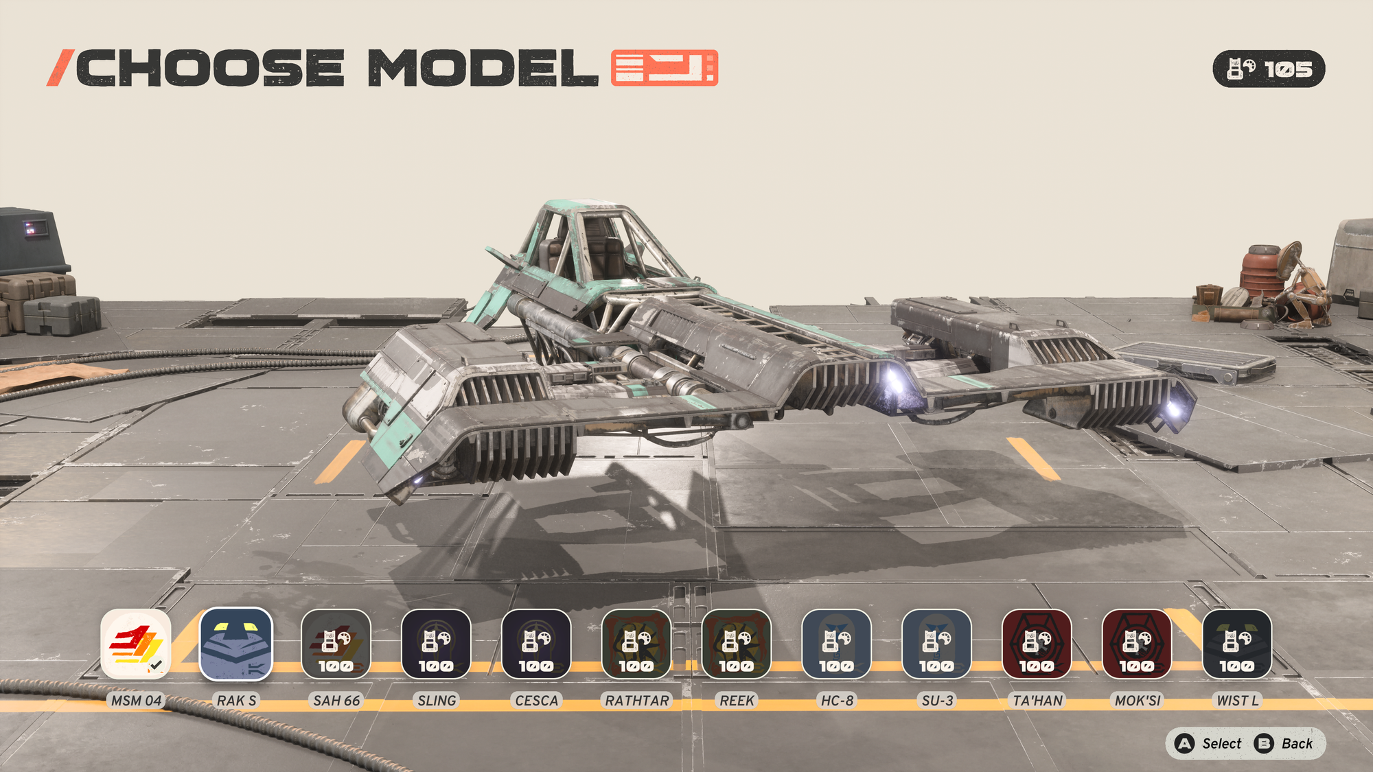Pre-release vehicle selection interface showing the skim speeder body. GamingTrend.