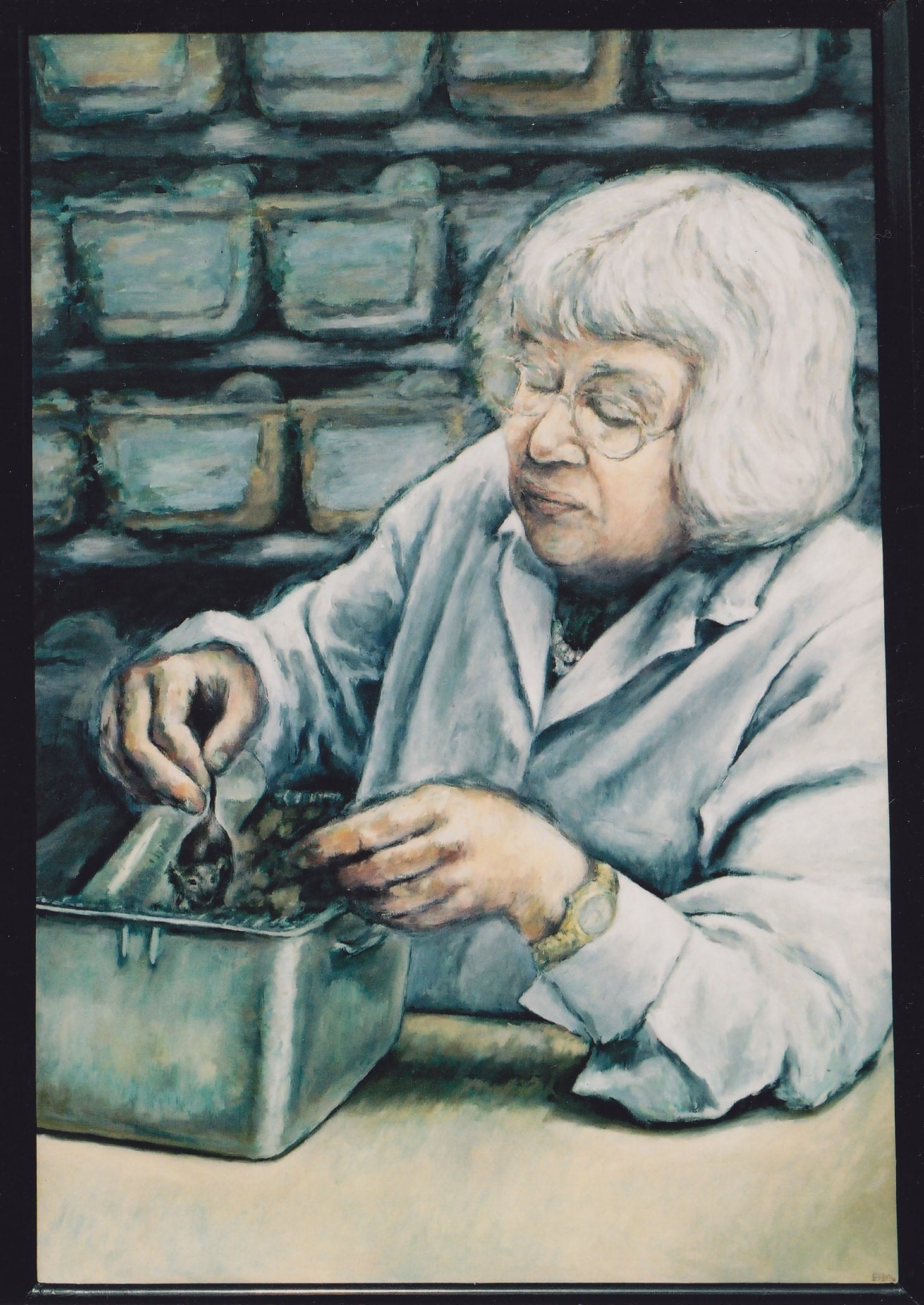 A painting of an older woman with short white hair and glasses wearing a lab coat and holding a mouse by its tail in a laboratory.