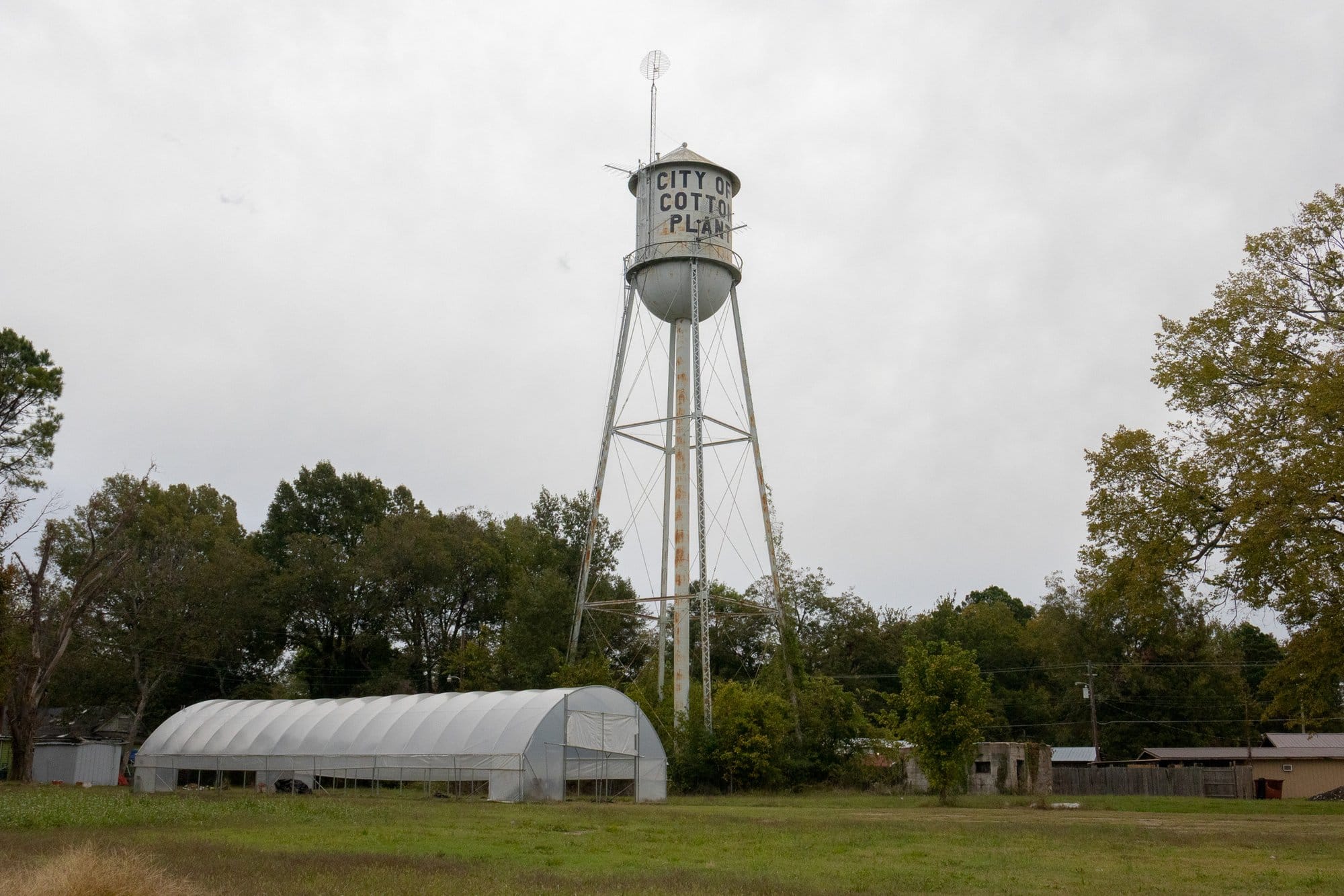 A water tower in Cotton Plant, Ark., in October 2025.