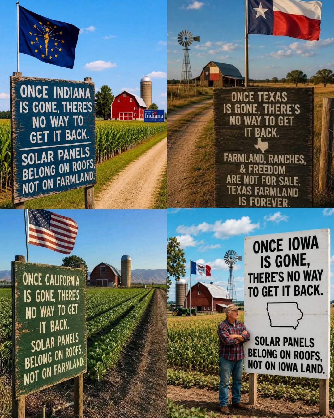 Posts aimed at solar opponents in Indiana, Texas, Iowa and California, clockwise from top left, repeated messaging and