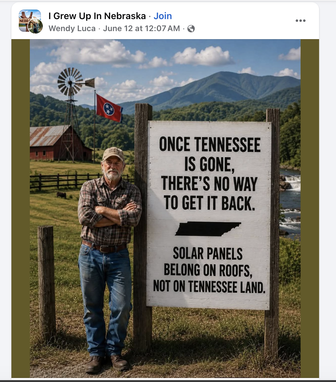 A social media group for Nebraskans posted a meme aimed at Tennesseans opposed to industrial solar projects.