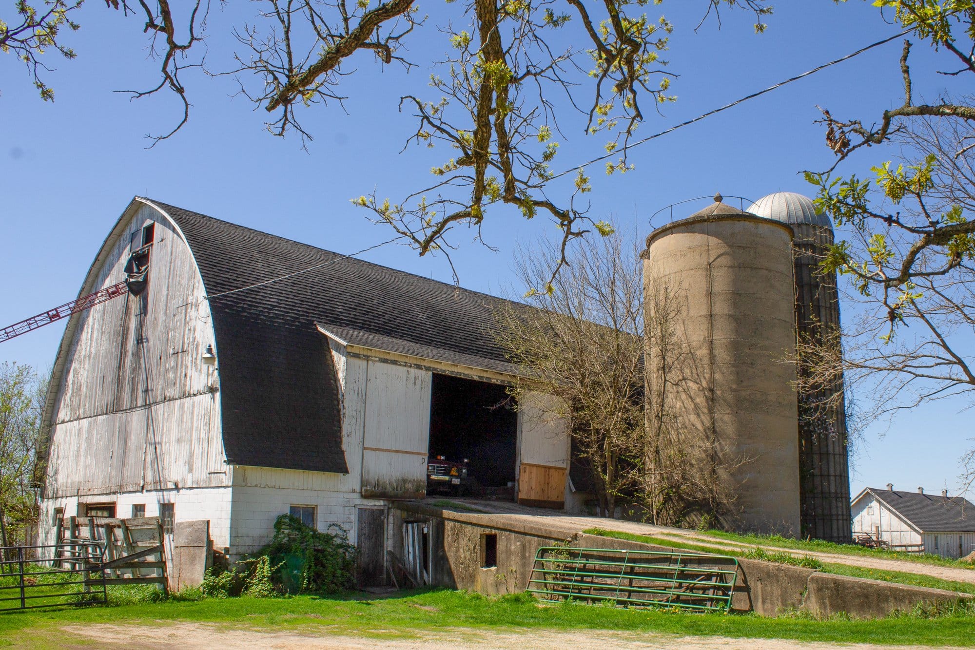 A Frank May silo beside Deno Buralli Jr.’s barn on April 25, 2026.
