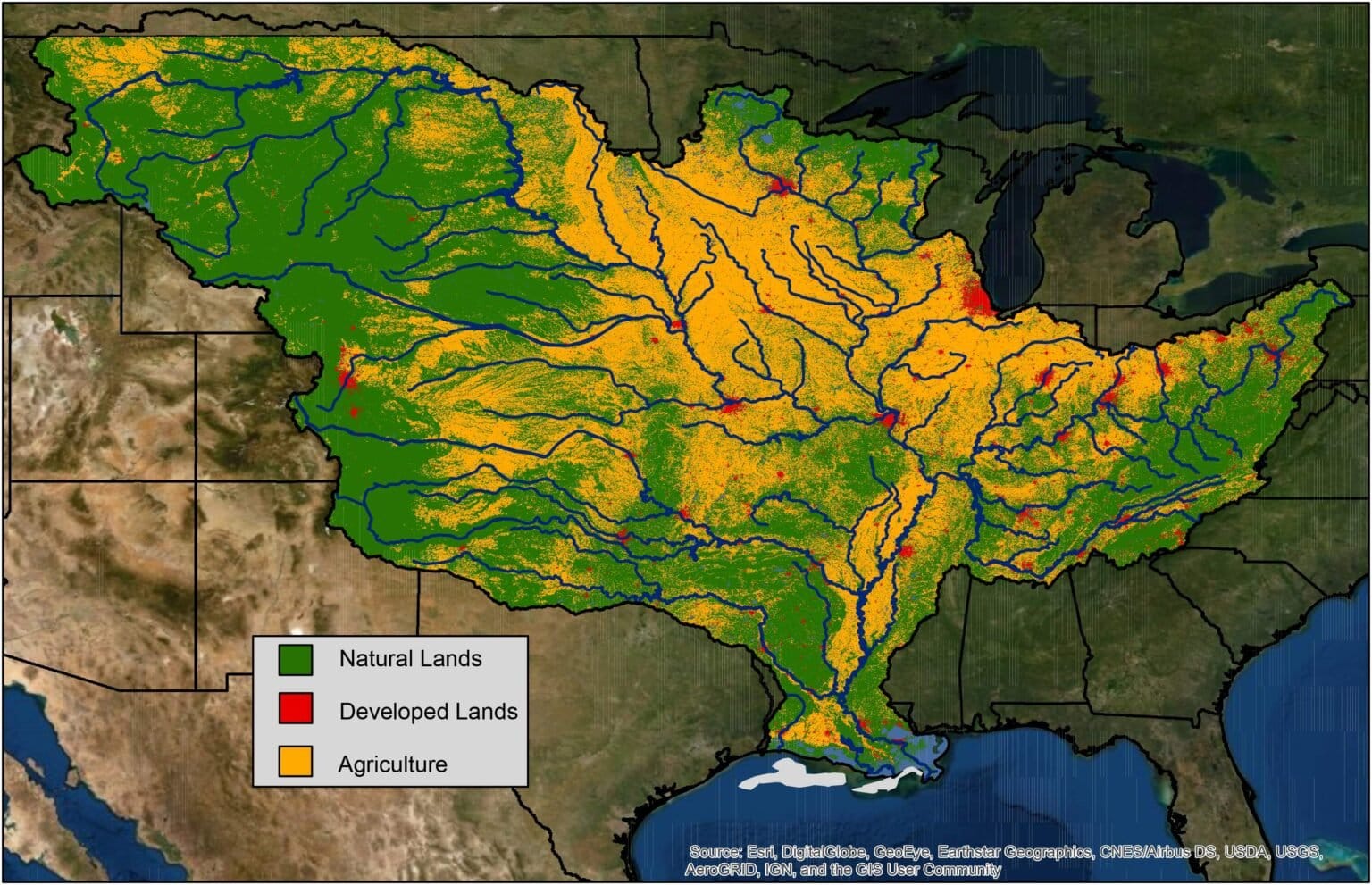 The Mississippi River watershed flows across more than 40% of the continental United States, which includes agricultural,