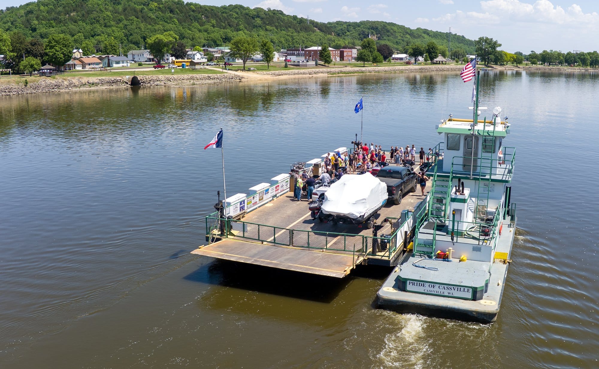 The Pride of Cassville ferry nears a landing on Wednesday, May 27, 2026, in Cassville, Wisconsin.