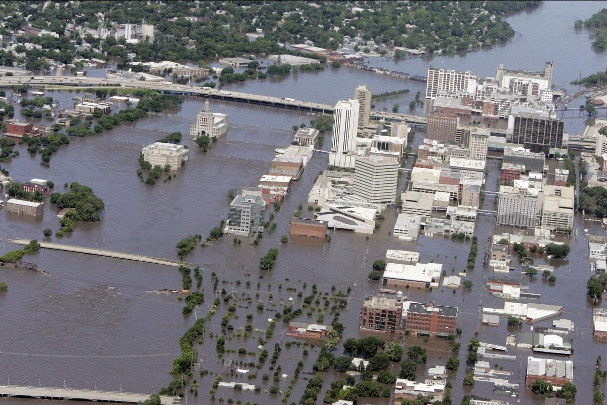 High river water floods a city
