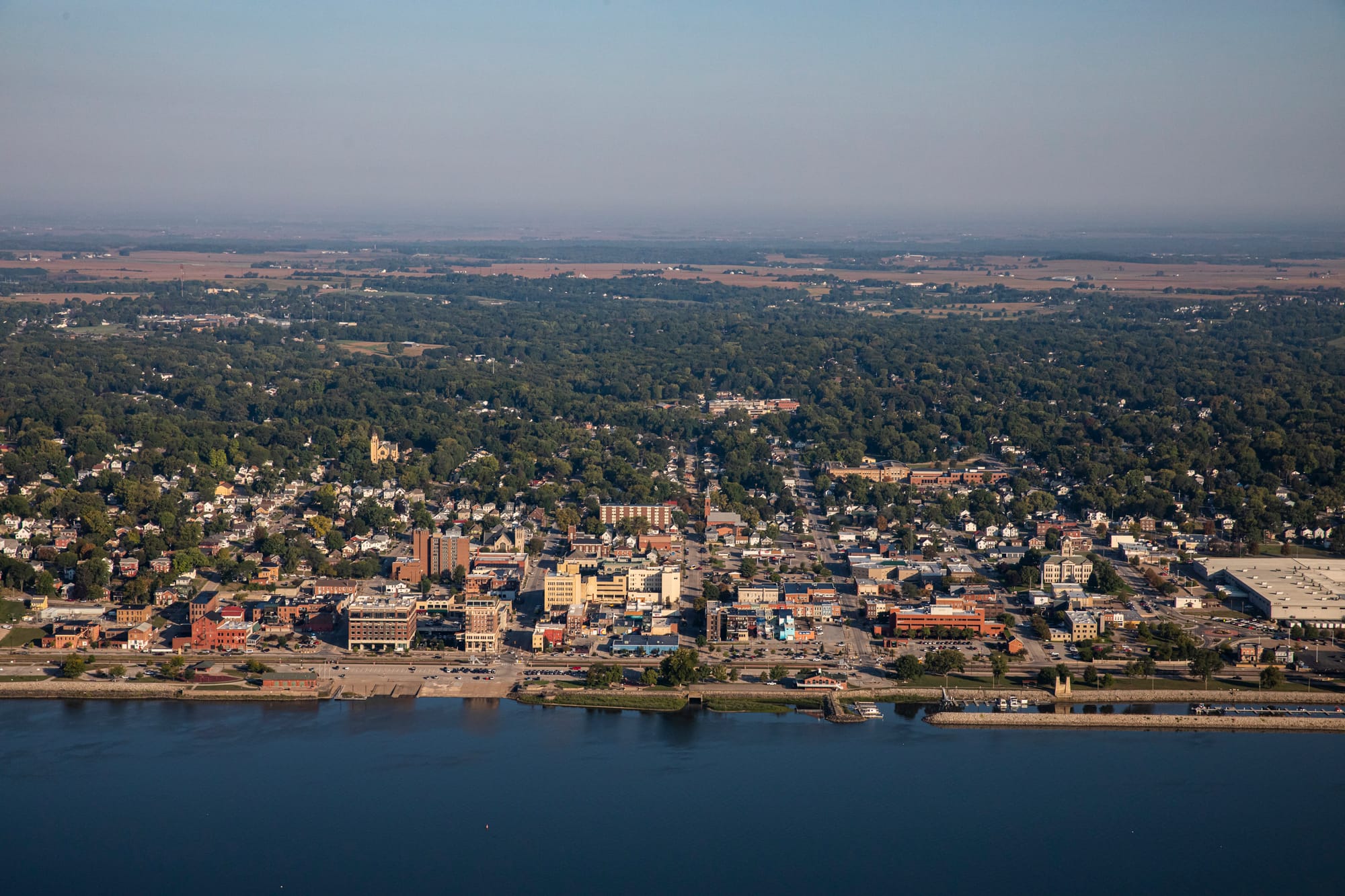 An aerial view of Muscatine, Iowa on the Mississippi River