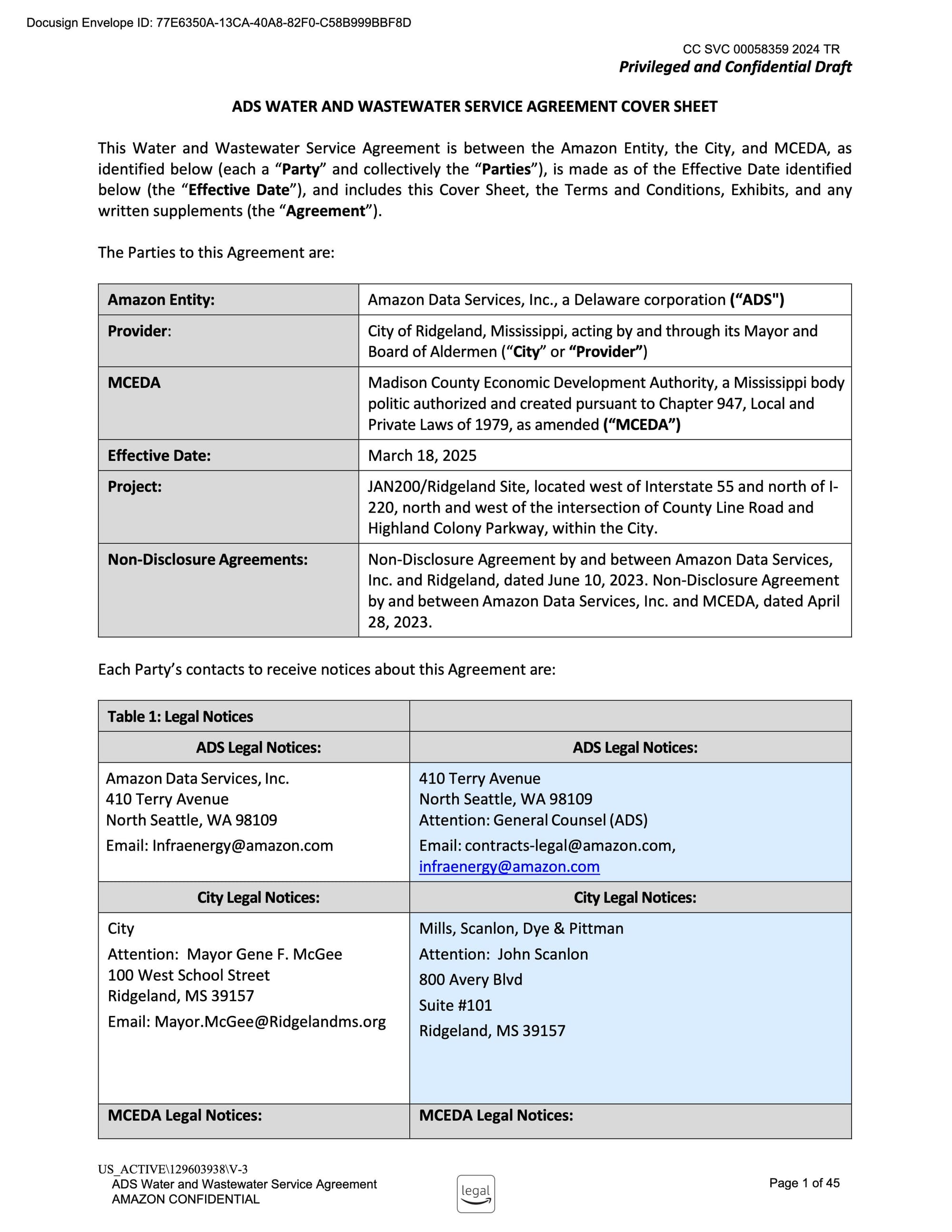 The first page of the water agreement, titled ADS WATER AND WASTEWATER SERVICE AGREEMENT COVER SHEET marked Privileged and confidential draft
