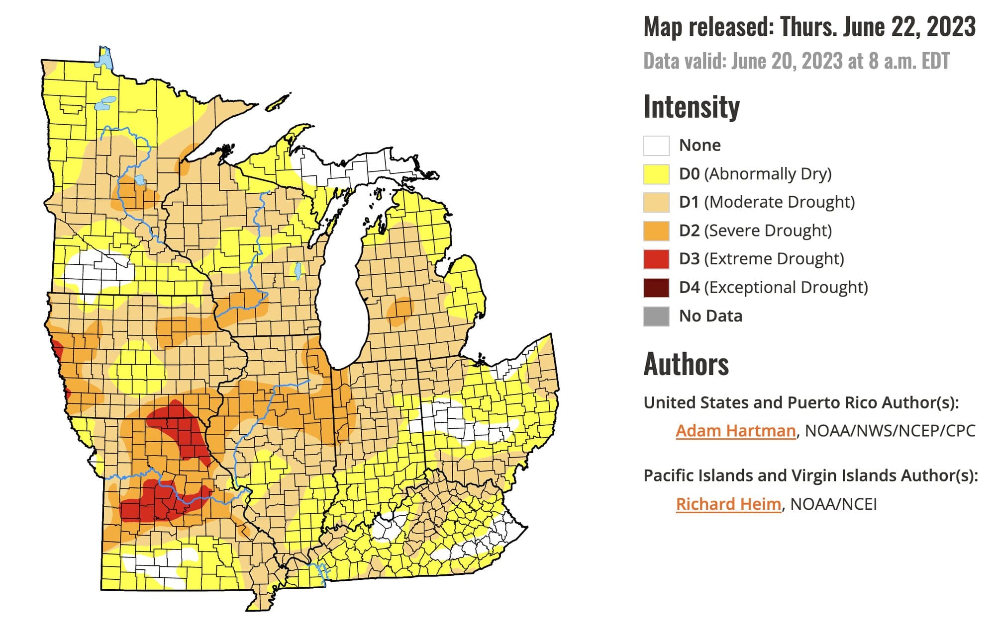 U.S. Drought Monitor map of the Midwest in June 2023 showing widespread abnormally dry and drought conditions, with areas of extreme drought concentrated in parts of Missouri and neighboring states.