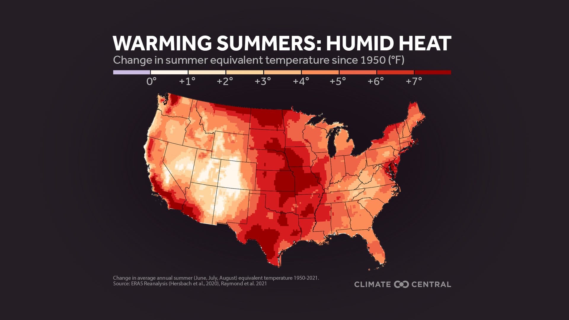 Map of U.S.: titled warming summers, humid heat, measures change in summer temp since 1950. It's +6 or 7 degrees in the midwest