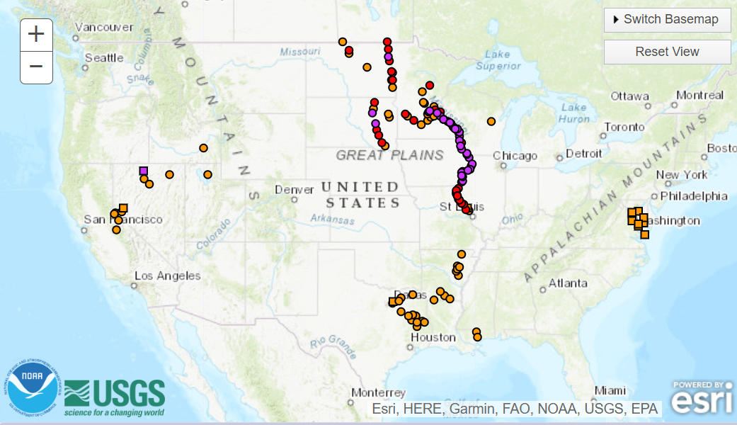 Flood outlook map, concentrated along the Mississippi River