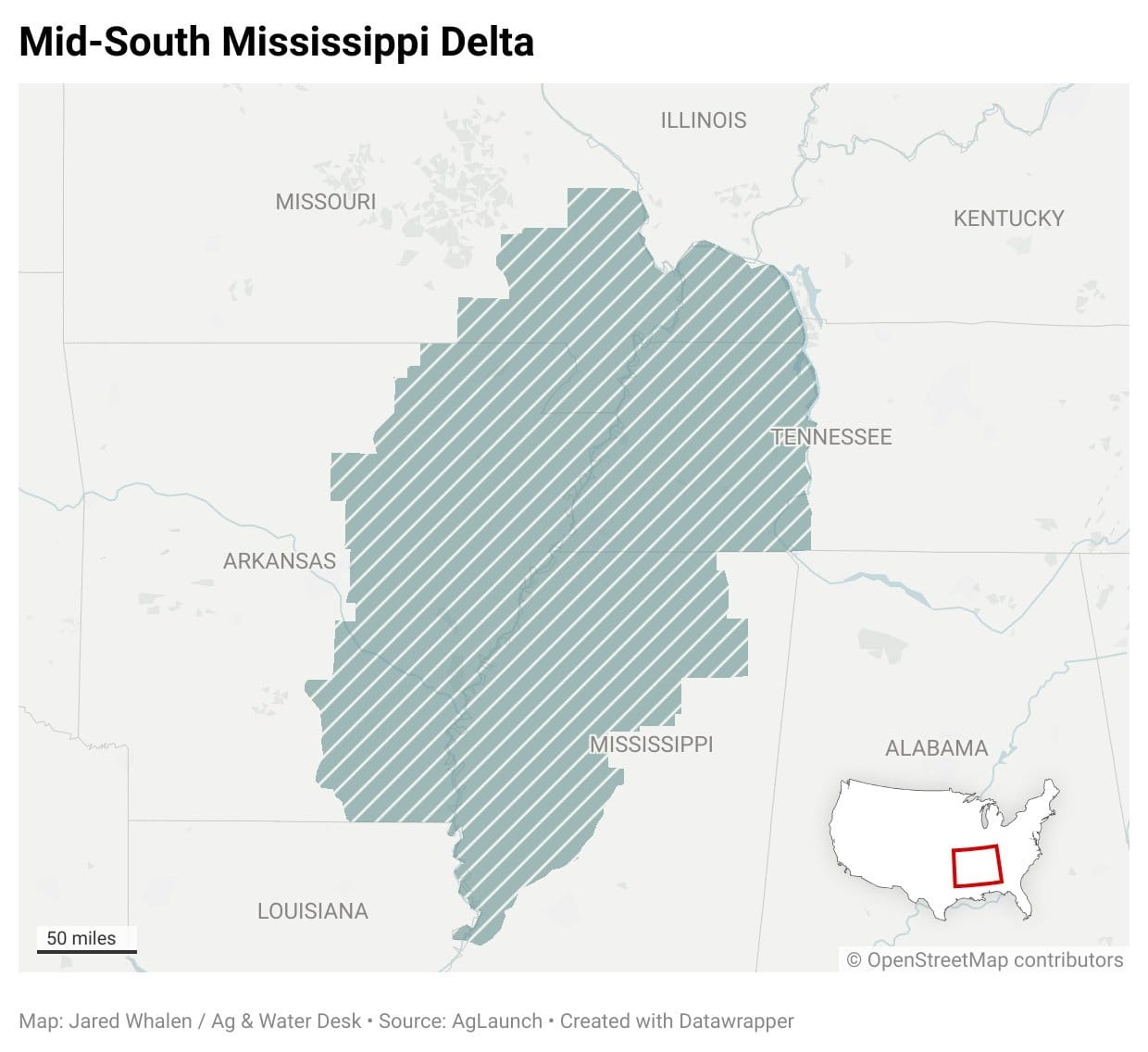 Map of mid-south mississippi delta region comprising parts of Missouri, Kentucky, Tennessee, Mississippi, and Arkansas
