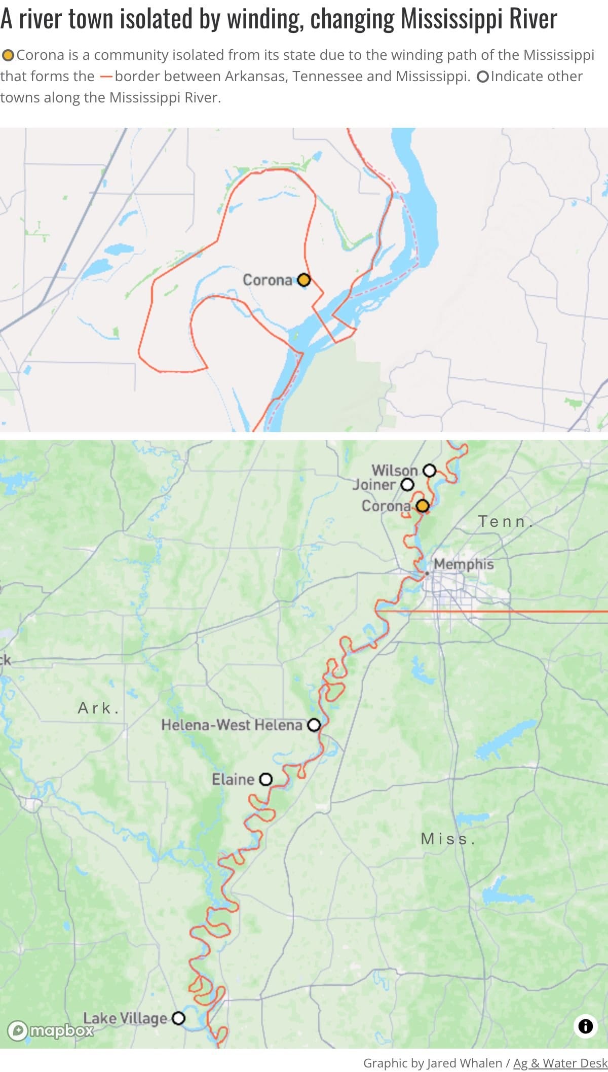 Maps: Corona's location isolated by the winding path of the Mississippi, and locations of other river towns along state borders