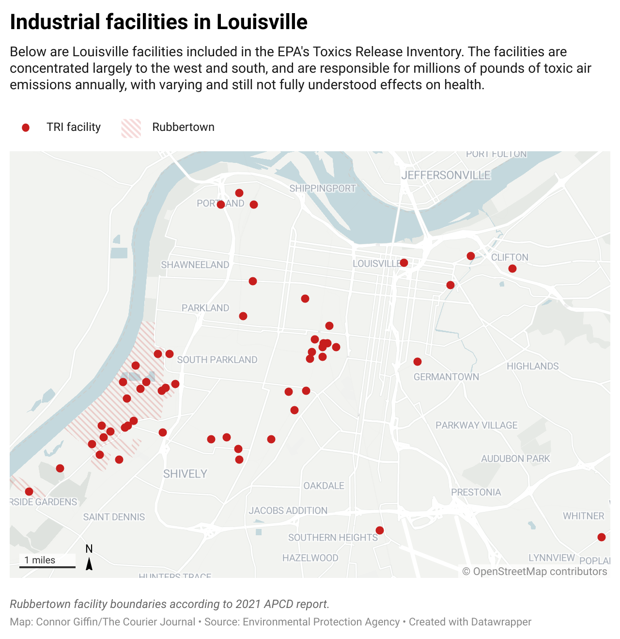Map of Louisville, Kentucky, showing the locations of industrial facilities, included in the EPA's Toxics Release Inventory, with many facilities concentrated in the western and southern parts of the city.