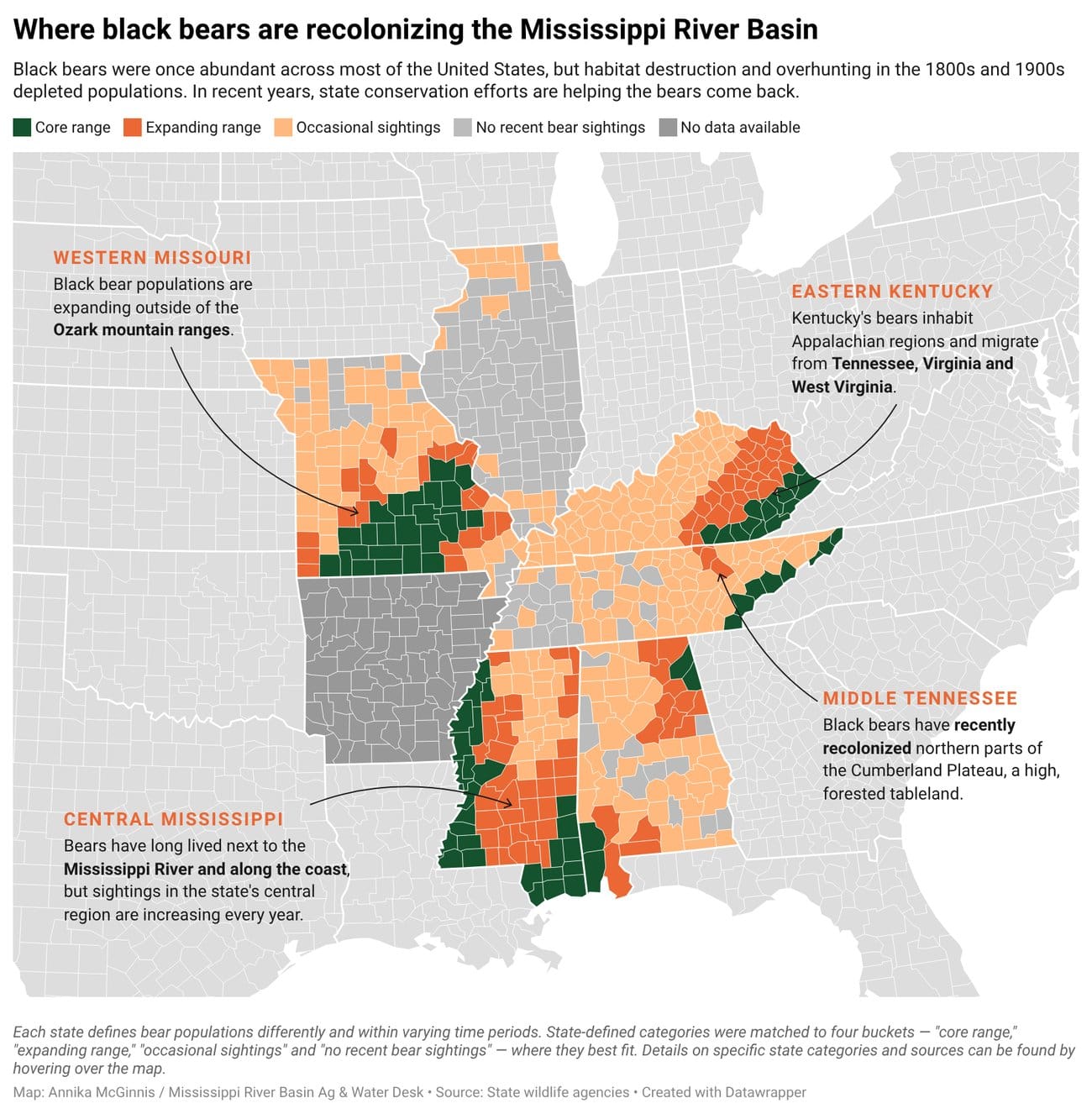 a screenshot of a data viz labelled 'where black bears are recolonizing the Mississippi River Basin'